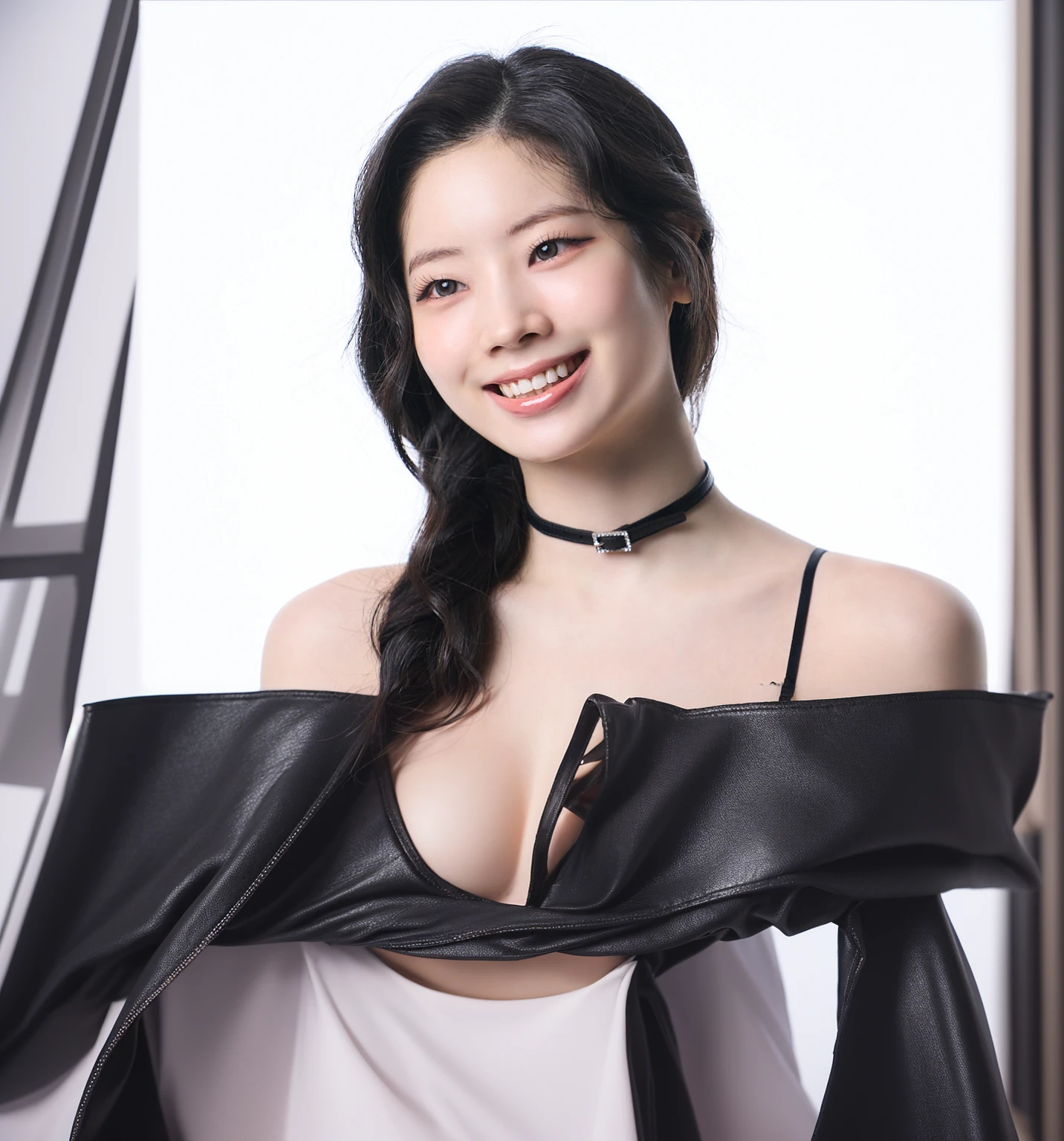 there is a woman with a black bra top and a black choker, wearing black choker, wearing choker, heonhwa choe, black leather choker, black choker, a black choker, wearing intricate black choker, choker on neck, lee ji - eun, lee ji-eun, choker, choker around neck, jaeyeon nam, jinyoung shin, portrait of female korean idol with voluptuous big breasts wearing seductive bra