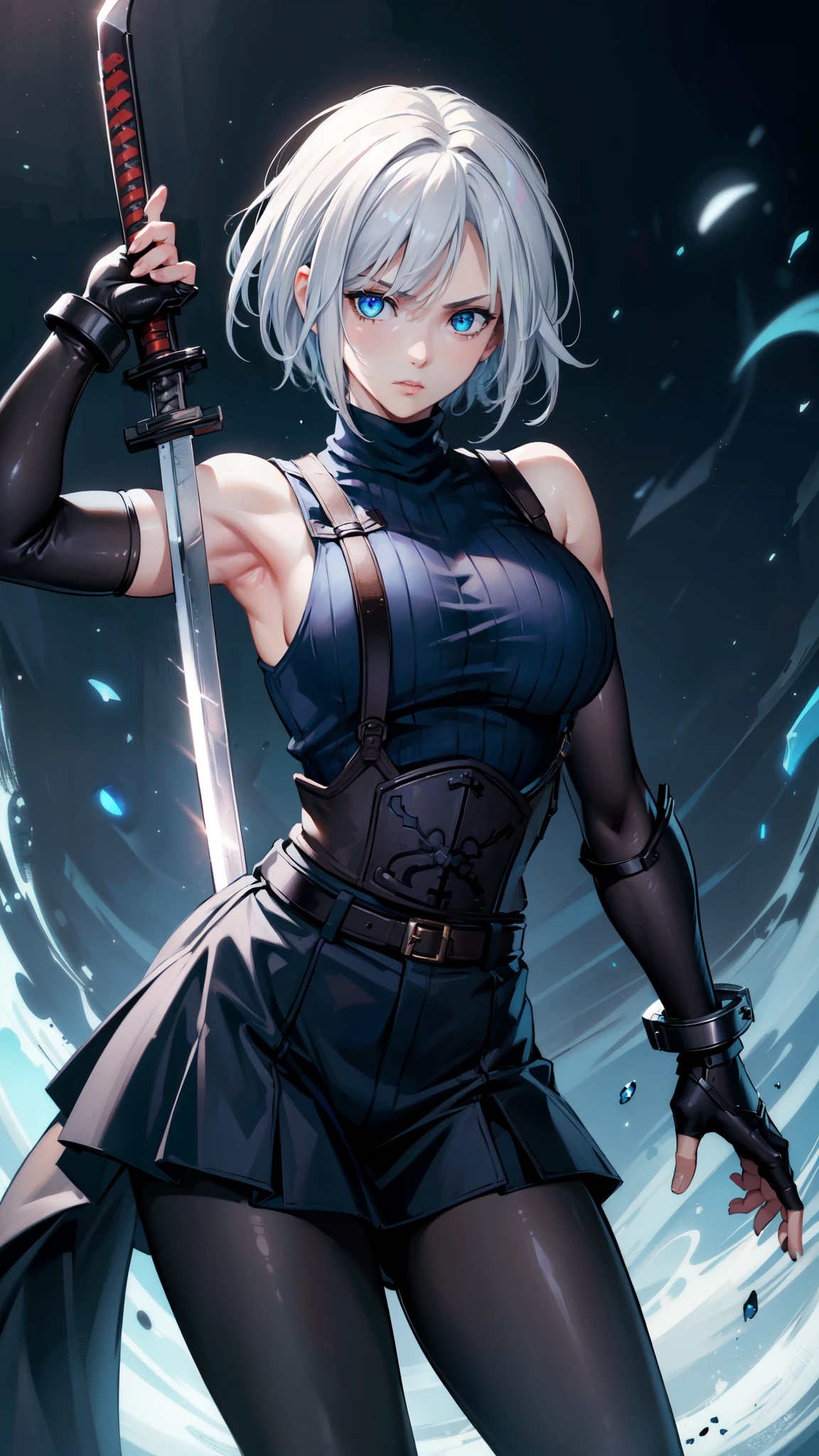 (masterpiece, best quality:1.2), expressive eyes, perfect face, highres, 1 girl, solo, (female:1.5), strife, short hair, shoulder armor, sleeveless turtleneck, suspenders, belt, gloves, bracer, standing, portrait, looking at viewer, White hair, Blue glowing eyes, holding a giant katana,