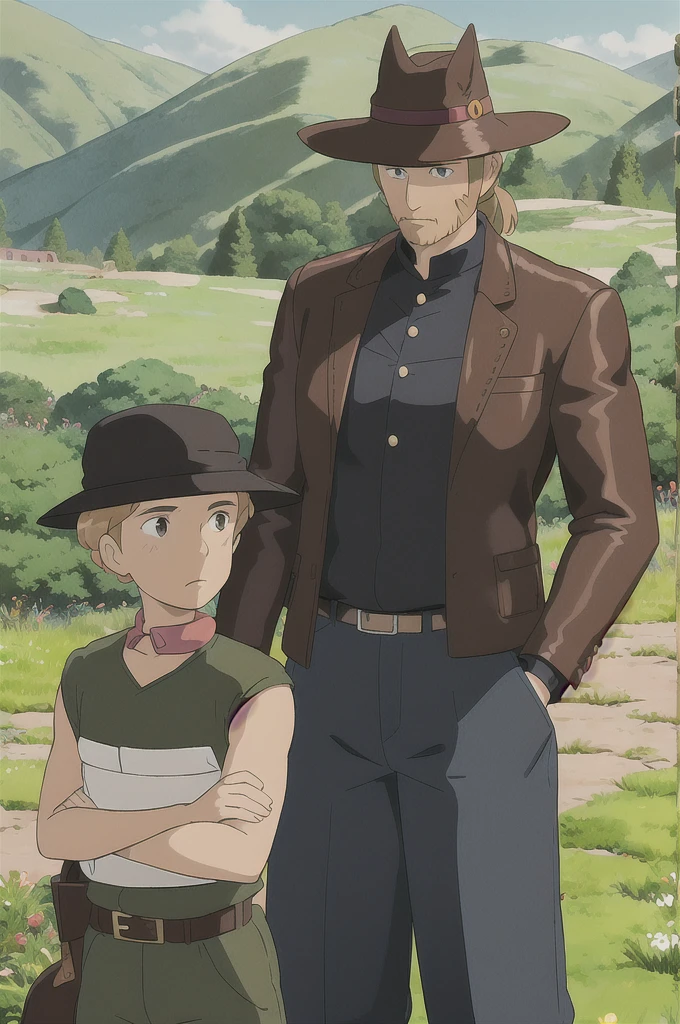 ghibli style, man, 34 years old, dark blond hair, side part hairstyle, short beard, wearing black leather cowboy hat, tan leather jacket, dark navy shirt, black bandana, olive green worn trousers, rides a horse, in wild west countryside, sunrise