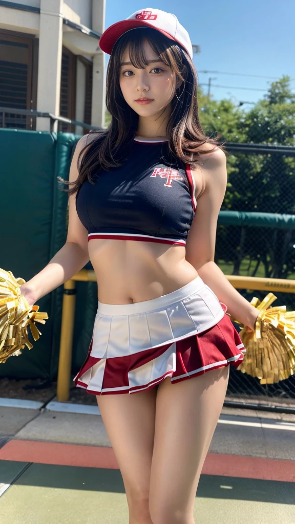 masterpiece, best quality, illustration, Super detailed, fine details, High resolution, 8K,wall paper, perfect dynamic composition,(Details High quality, realistic depiction of eyes:1.3), hotel room, (cheer girl:1.5),(a miniskirt, baseball cap), to stand、large breasts,short bob hair, black hair color, Big Natural Color Lip, bold sexy pose, crying a little、Harajuku style、20 year old girl、cute type、ta、beautiful legs, hposing Gravure Idol
