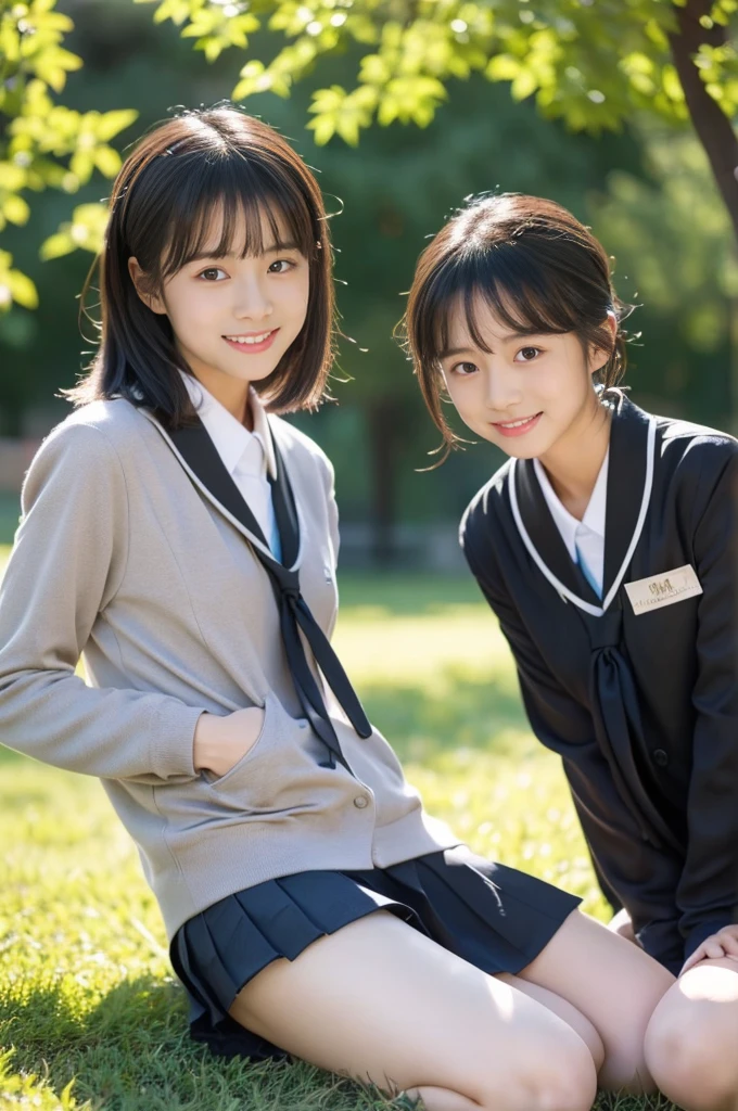 (((masterpiece))), (((full body photo)))， (two beautiful japanese girls, classmate, landscape and innocence，cute) ，ultra high resolution, realistic, Super detailed, 8K,highest quality, very detailed, detailed background,thin,very beautiful japanese girl, detailed face:1.3), (very short hair，black haired :1.4), (baby face，cute系,adorable 14 year old girl), (perfect body:1.1),  (japanese uniform, Jacket, tie, high school girl), couple focus , stand next to each other , big , beautiful thighs, thinウエスト, thin太もも, thin脚, long legs, on the grass in the park，ask for a smile,show me your beautiful teeth，sexy pose，rosy cheeks，超detailed face、detailed lips、fine eyes、small gravure idol，transparent skin，shade，under the big tree，movie lighting