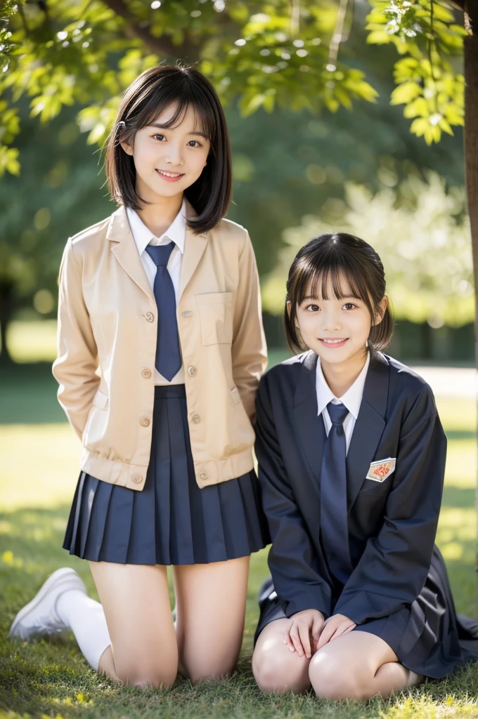 (((masterpiece))), (((full body photo))), (two beautiful japanese girls, classmate, landscape and innocence,cute) ,ultra high resolution, realistic, Super detailed, 8K,highest quality, very detailed, detailed background,thin,very beautiful japanese girl, detailed face:1.3), (very short hair,black haired :1.4), (,cute系,adorable 14 year operfect body:1.1), (japanese uniform, Jacket, tie, high school girl), couple focus , stand next to each other , big , beautiful thighs, thinウエスト, thin太もも, thin脚, long legs, on the grass in the park,ask for a smile,show me your beautiful teeth,sexy pose,rosy cheeks,超detailed face、detailed lips、fine eyes、small gravure idol,transparent skin,shade,under the big tree,movie lighting