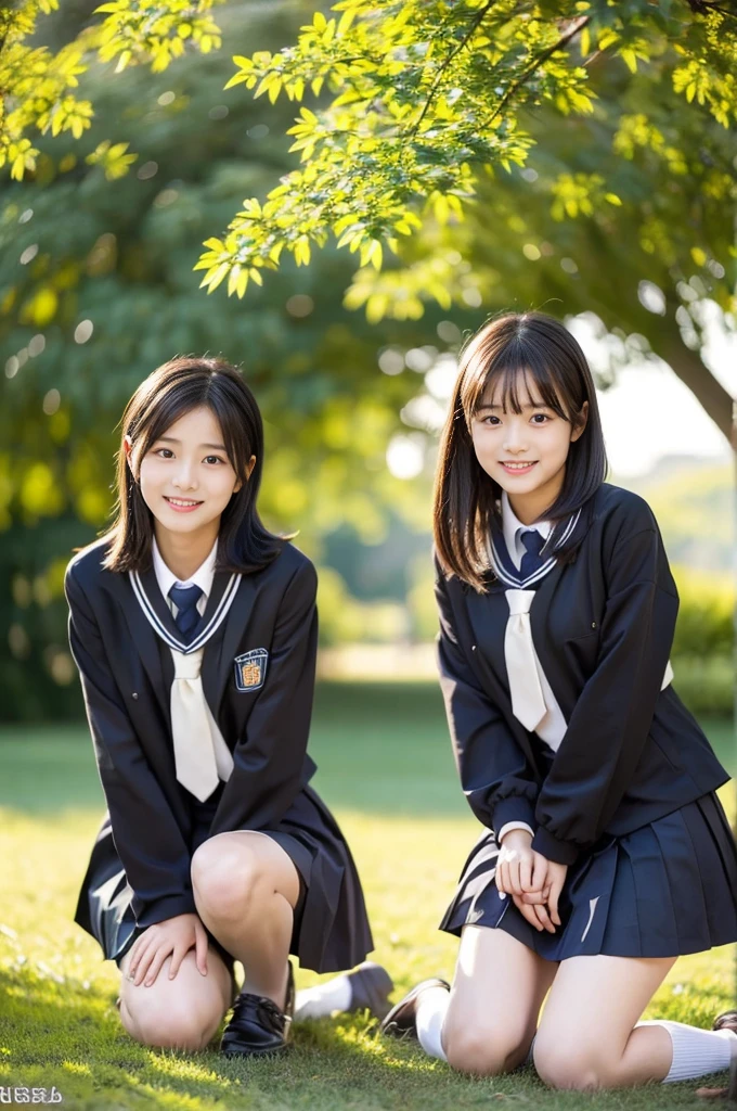 Two beautiful girls、Blazer School Uniform、A dark-haired、straight haired、(One has long hair)、(The other one has a short bob)、schools、early evening、years、Long skirt below knee length、lowfers、one person hugs、lesbian、