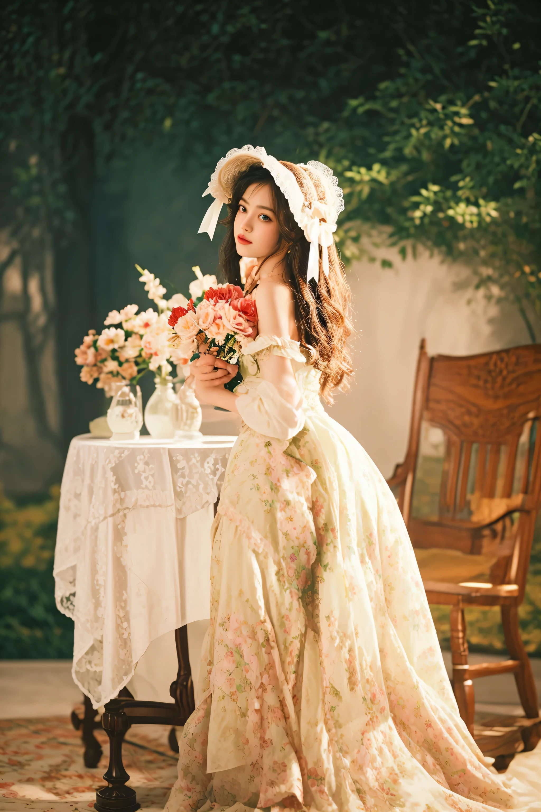 there is a woman in a dress and bonnet sitting at a table, rococo dress, romantic dress, rococo queen, lady with glowing flowers dress, ethereal fairytale, floral dream, wearing organza gown, ethereal beauty, dress in the style of rococo, retro vintage and romanticism, ethereal and dreamy, lady, victorian style costume, fairycore, dreamy and ethereal