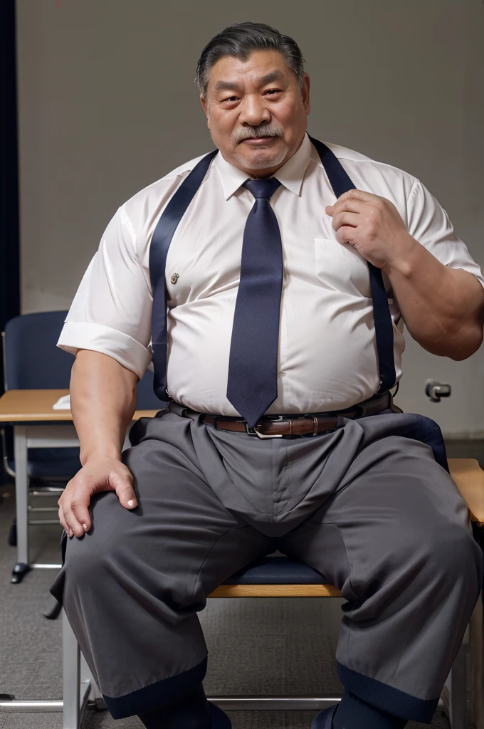 big, Fat Japanese man in a suit、whole body、office、Thick legs、Thick arm muscles、Intimidating、short hair、Kind Face、Long sleeve black jacket、Black trousers、Tight arm circumference、Long trousers、Tight suspension、Blue tie、tight white shirt、Groin bulge、Shirt tucked into pants、A very good rugby player、Intimidating、Having sex、Shiny black trousers、40 years old、tall