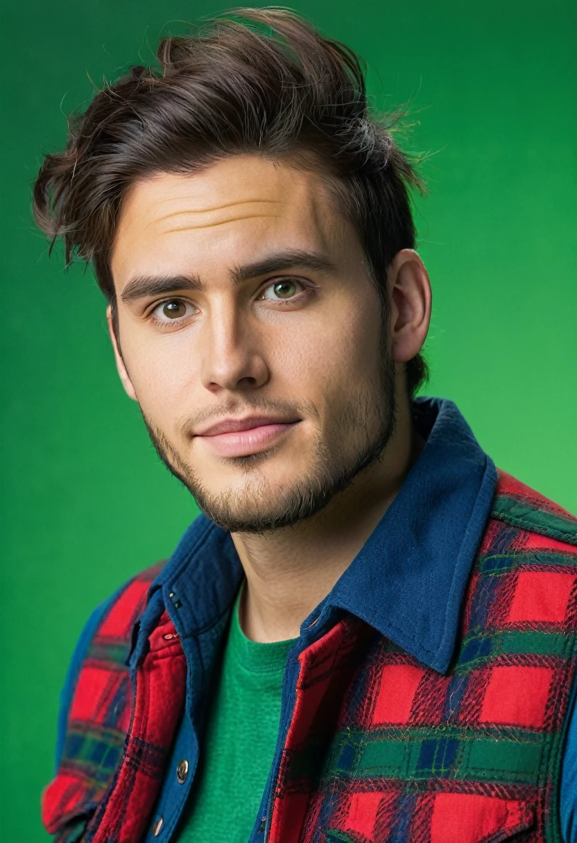24-year-old man wearing a red flannel, blue vest, thinking, looking at the camera, green background, green chroma, low smile, professional photo, medium shot, realistic photo, 8k