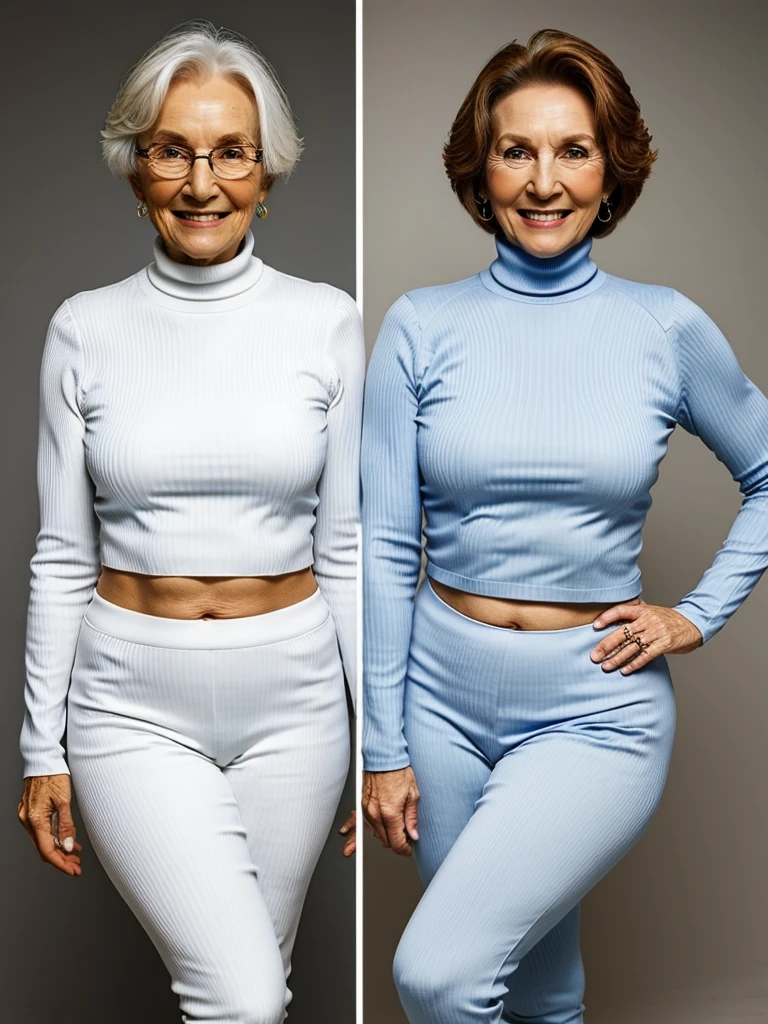 photo of 2 different old wrinkly grannies, both are skinny mature old wrinkly ladies, wearing tight ribbed pure white and blue turtleneck tops