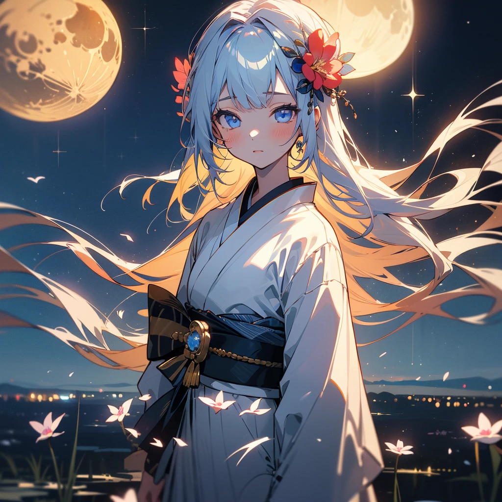 (masterpiece, Highest quality, Highly detailed CG, Beautiful fine details, Super detailed, ), 8k wallpaper, (One girl, alone:1.4), Long Hair, Striped Hair, Fairy, 神秘的なmoonのように、One Girl、solo、kimono、Hair ornaments、flower、White Hair、have、blue eyes、髪のflower、moon、blush、flower柄のkimono、Are standing、flowerをhave、night、Landscape painting、Fantasy、Overall、Japanese clothing、flower、