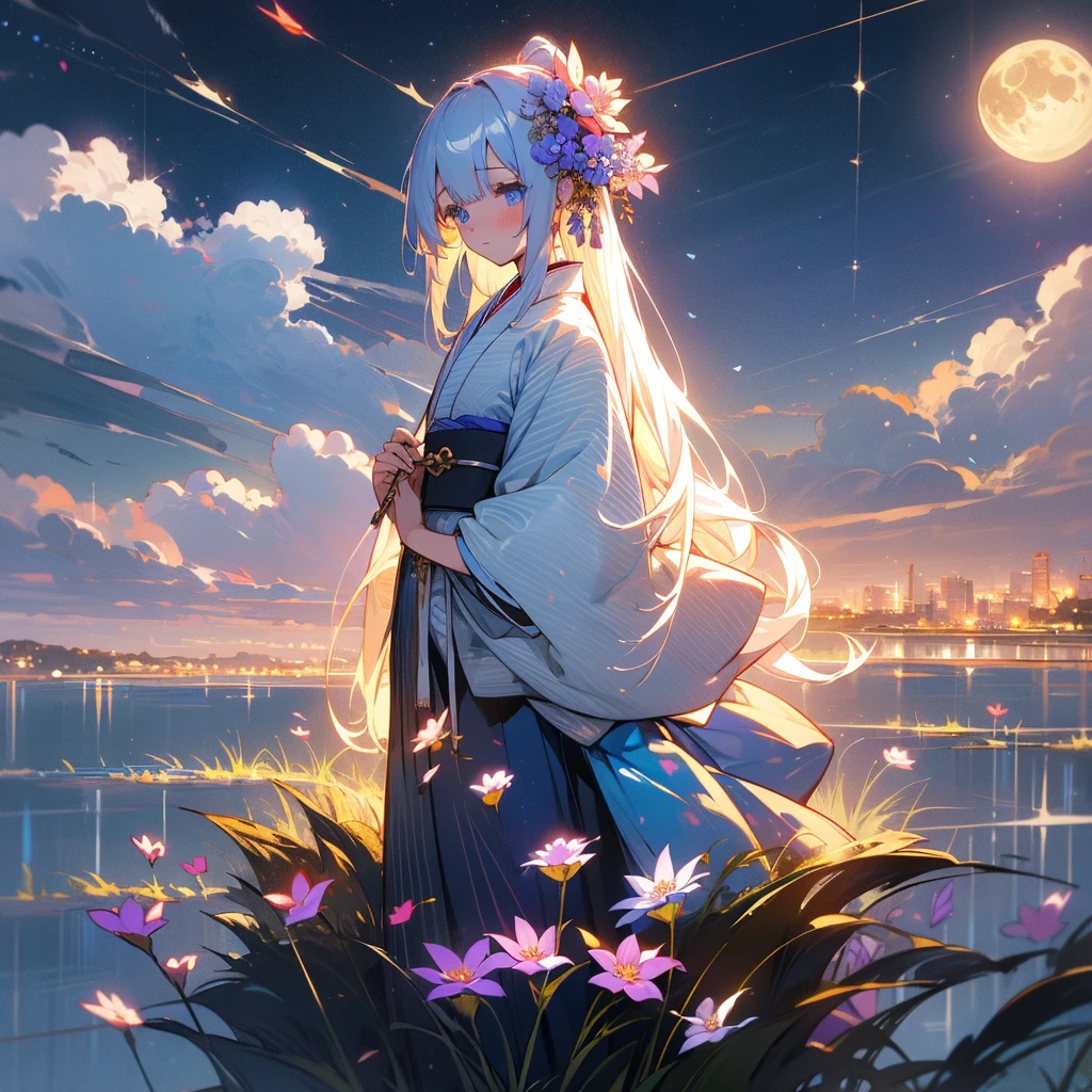 (masterpiece, Highest quality, Highly detailed CG, Beautiful fine details, Super detailed, ), 8k wallpaper,  (One girl, alone:1.4), Long Hair, Striped Hair, Fairy, 神秘的なmoonのように、One Girl、solo、kimono、Hair ornaments、flower、White Hair、have、blue eyes、髪のflower、moon、blush、flower柄のkimono、Are standing、flowerをhave、night、Landscape painting、Fantasy、Overall、Japanese clothing、flower、