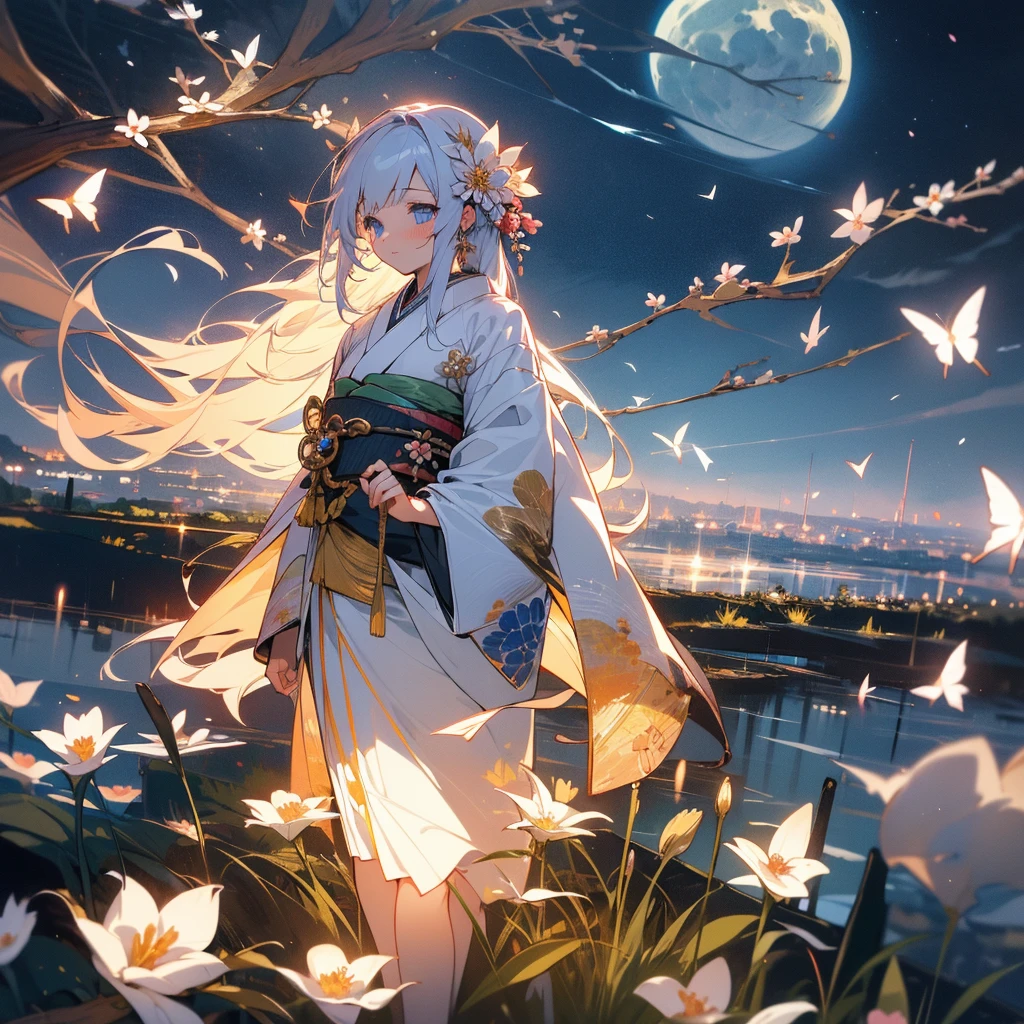 (masterpiece, Highest quality, Highly detailed CG, Beautiful fine details, Super detailed, ), 8k wallpaper, (One girl, alone:1.4), Long Hair, Striped Hair, Fairy, 神秘的なmoonのように、One Girl、solo、kimono、Hair ornaments、flower、White Hair、have、blue eyes、髪のflower、moon、blush、flower柄のkimono、Are standing、flowerをhave、night、Landscape painting、Fantasy、Overall、Japanese clothing、flower、