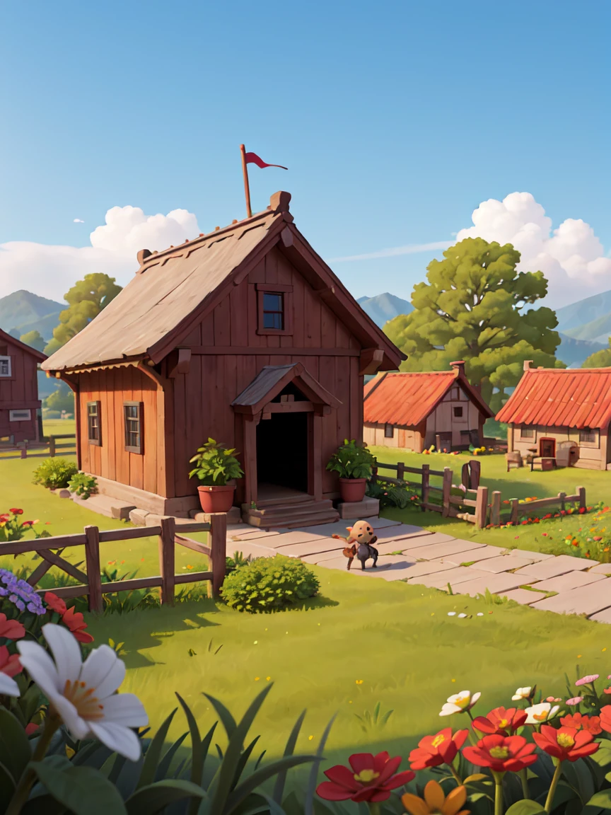 被Trees和花园环绕的卡通风格房屋, Anime rural scenery，Chinese rural scenery，Sea of Flowers，sunny，farm，Colorful flower fields，Tools、scarecrow，1 house，Red roof，White Wall，Game architecture design, Partial realism, farm, Stone, brick, Trees, Casual game style, 2.5D, masterpiece, Super Detail, best quality，Overlooking，symmetry