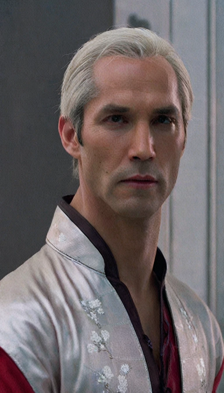 A 40-year-old man, the character has green skin and an angular face with high cheekbones and a thin chin, large black almond-shaped eyes without pupils, voluminous white hair combed upwards, wears a red shirt with a print of white flowers and an open collar, has a neutral facial expression with the head tilted slightly to the right, and is positioned against a completely black background.