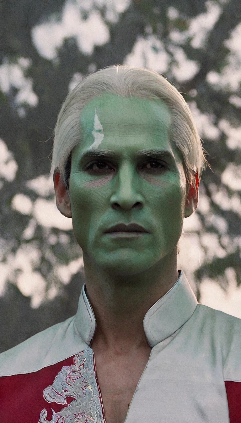 A 40-year-old man, the character has green skin and an angular face with high cheekbones and a thin chin, large black almond-shaped eyes without pupils, voluminous white hair combed upwards, wears a red shirt with a print of white flowers and an open collar, has a neutral facial expression with the head tilted slightly to the right, and is positioned against a completely black background.