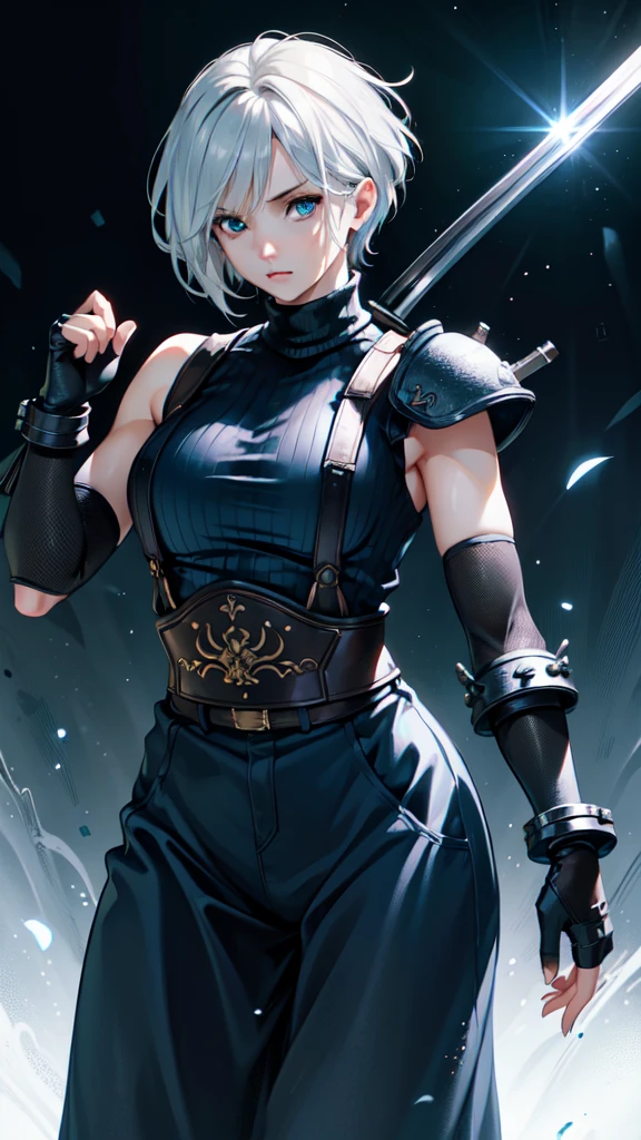 (masterpiece, best quality:1.2), expressive eyes, perfect face, highres, 1 girl, solo, (female:1.5), strife, short hair, shoulder armor, sleeveless turtleneck, suspenders, belt, gloves, bracer, standing, portrait, looking at viewer, White hair, Blue glowing eyes, holding a giant katana,