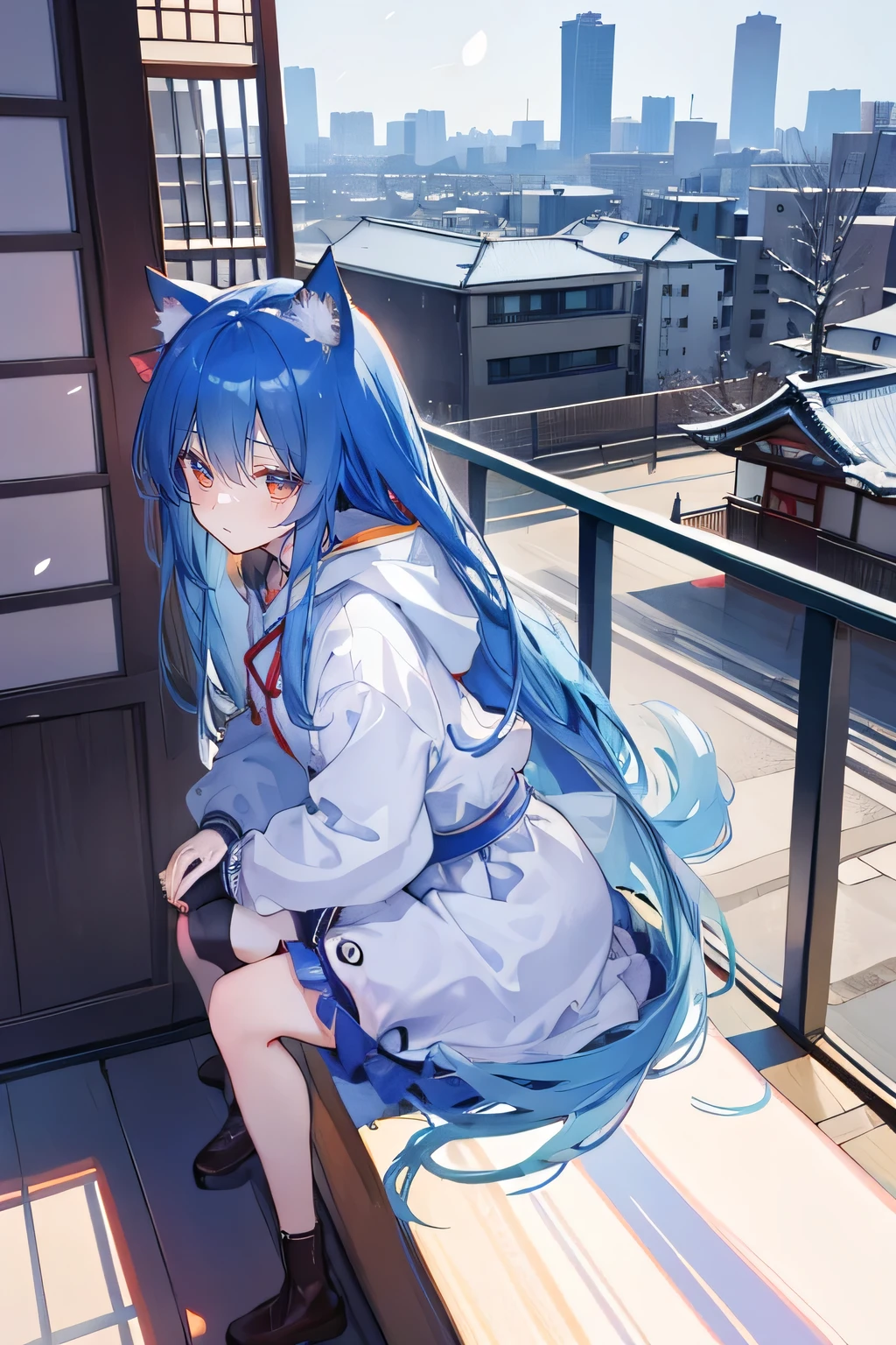 （masterpiece：1.2），Super detailed，lifelike，Expressive eyes，fair skin，perfect face shape，1 girl，
Japanese comics,Gorgeous blue hair,flowing blue hair,flowing clothes,Cat ears,Petals fall,beautiful lola,Baby Angel,
Cross your legs，Gentle and peaceful background，The pavilion is cool and comfortable,smile, wearing hoodie, background of tokyo,back views,snowing, winter.
