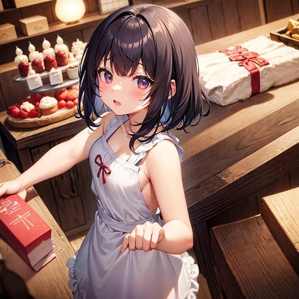 aggressive、Bangs、Medium Hair、girl、Light Hair Color、Small Mouth、Small Nose、Big Breasts、Chubby、birthday、apron