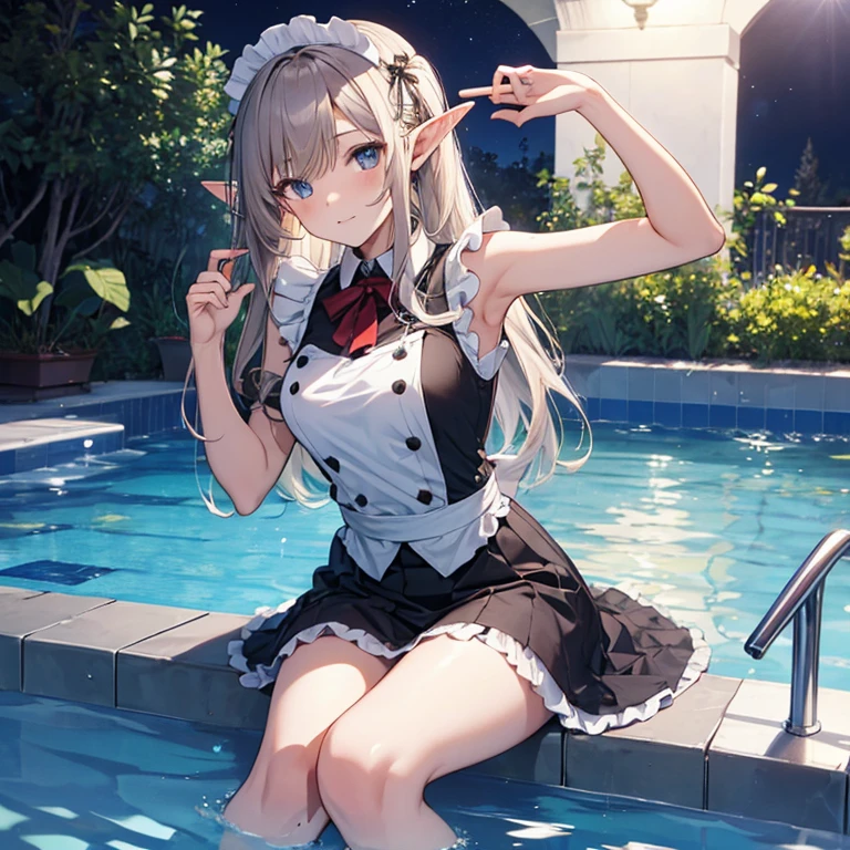 A maid, (in pool), various hair styles, night, details face, short skirt, seducing, sleeveless, maid uniform, armpits, elf