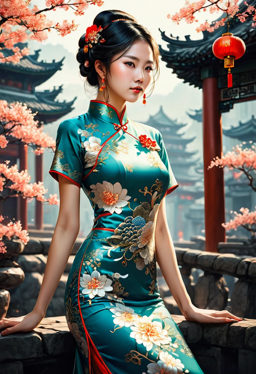 Cheongsam, by Tang Yau Hoong, RAW photo, 35mm photograph, bokeh, best quality, masterpiece, very aesthetic, perfect composition, intricate details, ultra-detailed