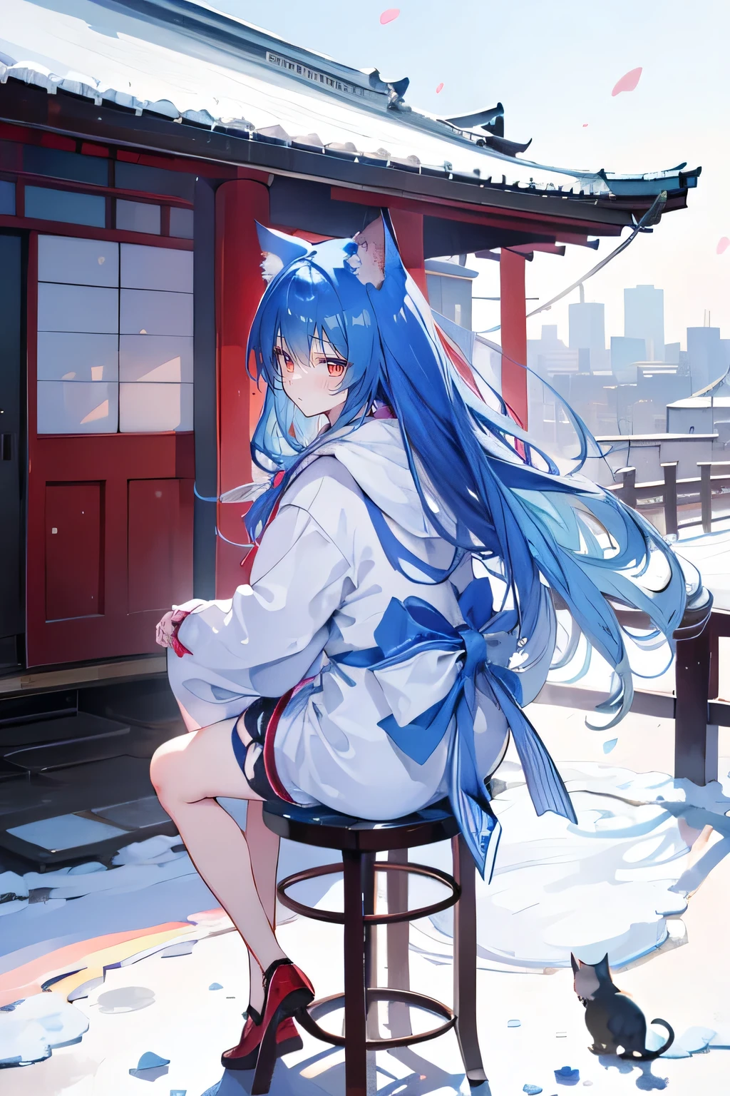 (masterpiece:1.2),Super detailed,lifelike,Expressive eyes,fair skin,perfect face shape,1 girl,
Japanese comics,Gorgeous blue hair,flowing blue hair,flowing clothes,Cat ears,Petals fall,beautiful lola,Baby Angel,
Cross your legs,Gentle and peaceful background,The pavilion is cool and comfortable,smile, wearing hoodie, background of tokyo,back views,snowing, winter.