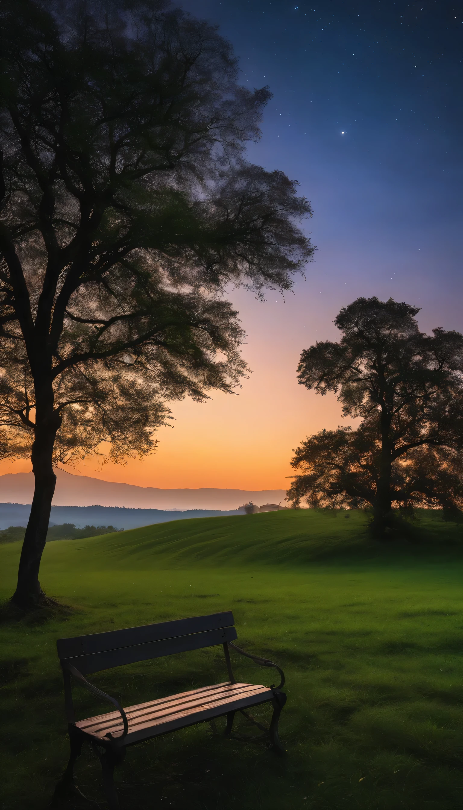 A vast grassy field stretches as far as the eye can see, covered in lush greenery. In the middle of this field stands a solitary tree, its branches spread wide. Beneath this tree, a lone bench sits, seemingly waiting for an unknown traveler. The sky is adorned with twinkling stars, their light giving the night a special hue. This scene depicts a serene and peaceful night, where only the sounds of nature can be heard, bringing an unusual calm to the mind.