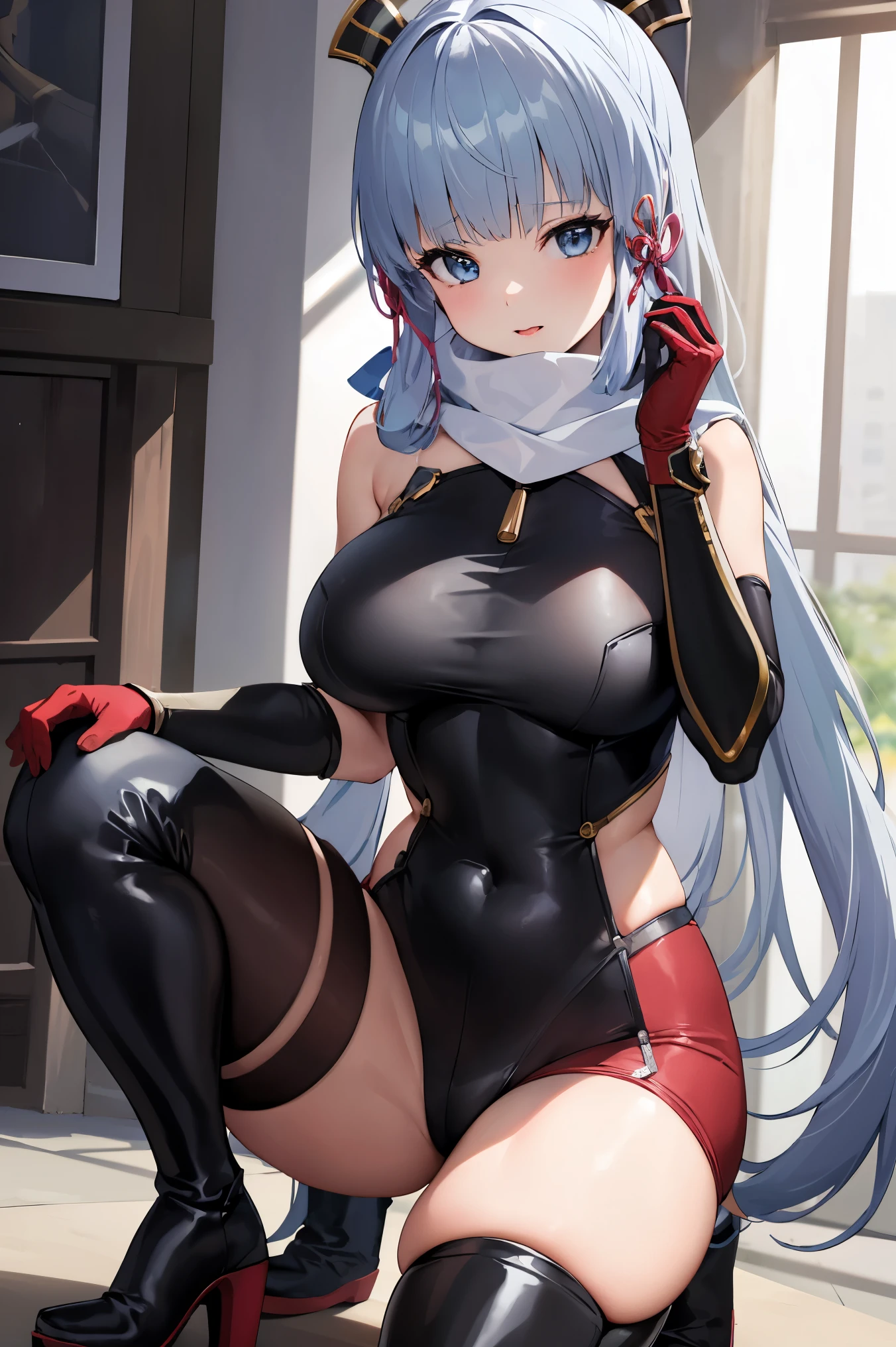 kamisato ayaka|genshin impact, master-piece, bestquality, 1girls,25 years old, proportional body, elongated legs, Beautiful, proportional,
BREAK (biker clothes, bodysuit, gloves, knee boots, scarf, shoulder spikes, spikes:1.2),
BREAK thicc, seductive anime girl, beautiful anime girl squatting,
BREAK (masterpiece:1.2), best quality, high resolution, unity 8k wallpaper,NSFW ,(illustration:0.8), extremely detailed face, perfect lighting, extremely detailed CG, (perfect hands, perfect anatomy),