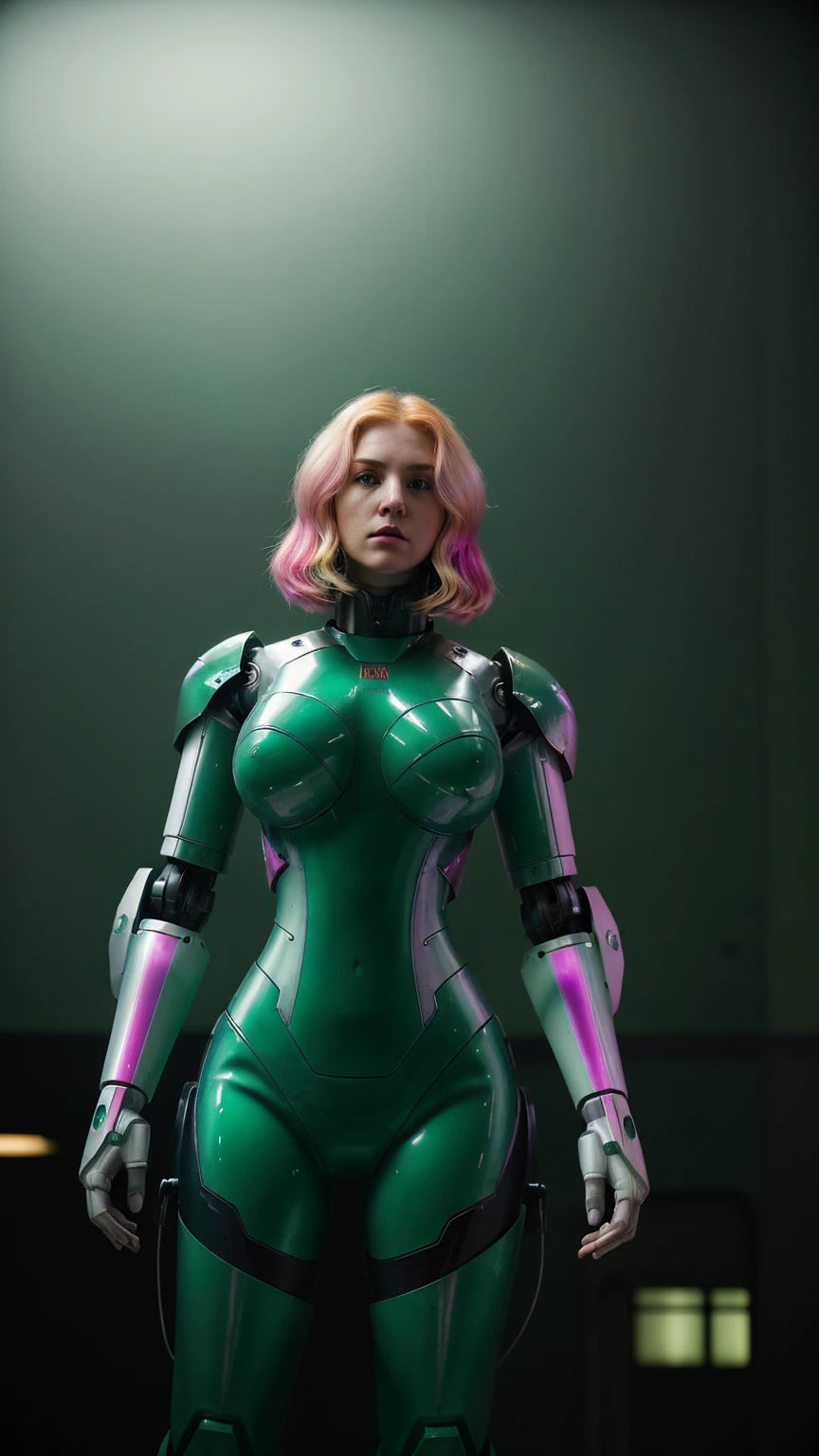 
Cinematographic SCI-FI still captures a mechanical-warriorgirl, ([orange|copper] hair), (((emerald blighting eyes))), She has very pale skin(porcelain skin), (straight hair, combed back, hair clips), ((Dressed in a futuristic biomechanichal-armored spacesuit(Mecha style, with mecha body-enhancements, white lighting-joints, white-mechanical limbs, that accents her ample breasts and highlights her curves))), glass-helmet on the head, with a auricular-radio(diadema), a large shield on her hand, and in her back carrying a heaviest backpack. wear a pair of mecha high-heels. As asymmetric pose she Finds herself outside-isolated near of a forgotten spaceship(She encounters broken computers-parts, and strange glowing plants)-conjuring feelings of sadness and hopelessness. She is surrounded by a strange glowing plants. And The colors are desaturated(emphasizing the gloom). The overall effect is akin to the Kodachrome slides of yesteryears, with a touch of Lomography’s(capturing a moment frozen in time). The scene is dark, withbacklighting and a blurred bokeh background. (((The color palette revolves around Emerald-Green/ Magenta-Pink theme))),neon-lighting accents(with holographic interfaces, like binaries codec numbers, and symbols on the background).
10. **High Key/Low Key Shots**: Experiment with high key lighting to create bright, airy images with minimal shadows, or low key lighting for moody, atmospheric images with dramatic contrast.