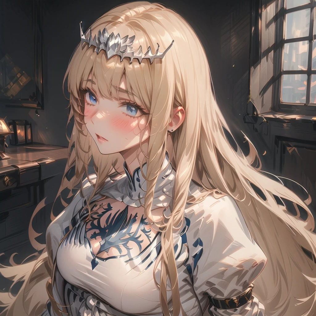 UHD, ccurate, masterpiece, anatomically correct, textured skin, super detail, best quality, 16k, 1080P,SOLO,(1 Female,perfect body),(,(Open pose:1.7),(Full blush:1.7),,[detail face], 1girl, solo, Calca, Calca Bessarez, blonde hair, (extremely long hair:1.3), very long hair, white tiara, white dress, blue eyes, medium chest, long straight hair, mature female, 25 years old,
