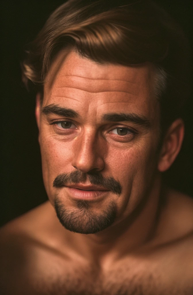 (close-up, editorial photograph of a 40 year men from the 1940's), (highly detailed face:1.4) (smile:0.7) (background inside dark, moody, private study:1.3) POV, by lee jeffries, nikon d850, film stock photograph ,4 kodak portra 400 ,camera f1.6 lens ,rich colors ,hyper realistic ,lifelike texture, dramatic lighting , cinestill 800,