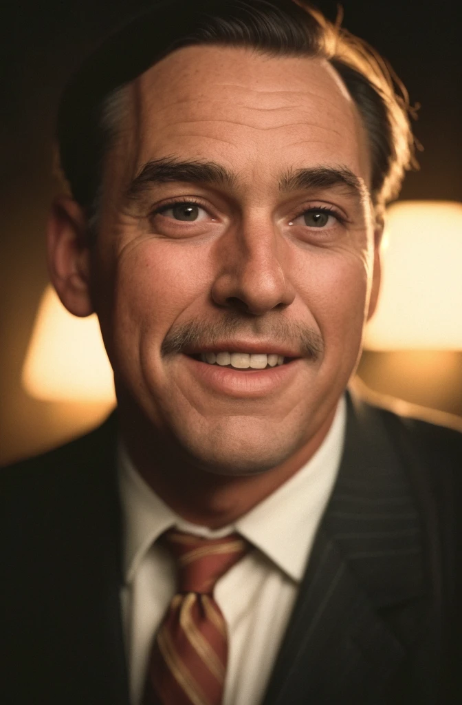(close-up, editorial photograph of a 40 year men from the 1940's), (highly detailed face:1.4) (smile:0.7) (background inside dark, moody, private study:1.3) POV, by lee jeffries, nikon d850, film stock photograph ,4 kodak portra 400 ,camera f1.6 lens ,rich colors ,hyper realistic ,lifelike texture, dramatic lighting , cinestill 800,
