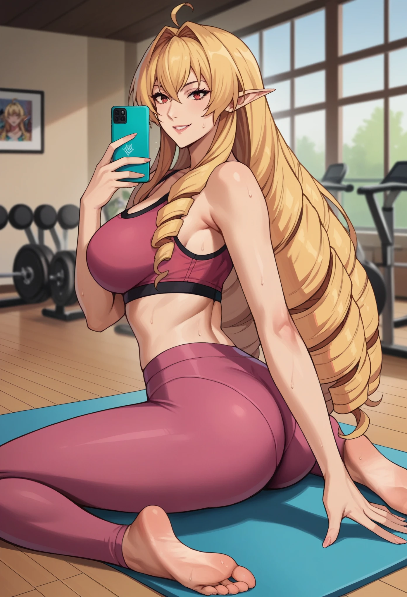 score_9, score_8_up, score_7_up, source_anime, elinalisedragonroad, 1girl, mature female, elinalise dragonroad, long hair, blonde hair, very long hair, ahoge, pointy ears, drill hair, red eyes, naughty smile, sports bra, yoga leggings, indoors, modeling pose, cellphone, taking selfie, sweating, realistic, ass, feet