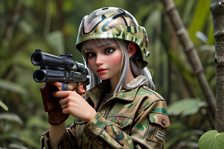 High resolution,high quality,Perfect body,Perfect Face,Perfect Fingers,Beautiful Skin,One girl,In the jungle,Girl in camouflage,Wearing camouflage clothing,Girl wearing camouflage helmet,Shortcuts,Silver Hair,(Cowboy Shot:1.5),Holding a gun with both hands