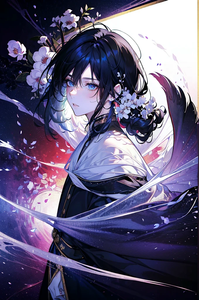 1boy, adult, solo, ((long pearl mother-of-pearl hair)), long disheveled hair, (the pupil of the eye is completely black, the white of the eye is black), pale skin, thorny vines entwine the hair, gentle delicate facial features, aristocrat's clothes, black cloak covers his head