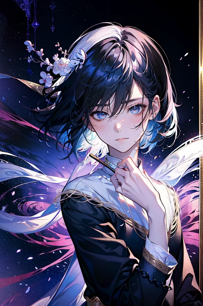 1boy, adult, solo, ((long pearl mother-of-pearl hair)), long disheveled hair, (the pupil of the eye is completely black, the white of the eye is black), pale skin, thorny vines entwine the hair, gentle delicate facial features, aristocrat's clothes, black cloak covers his head