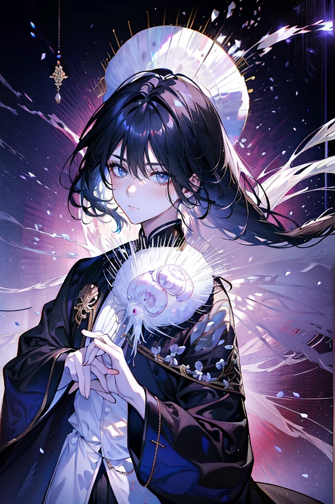 1boy, adult, solo, ((long pearl mother-of-pearl hair)), long disheveled hair, (the pupil of the eye is completely black, the white of the eye is black), pale skin, thorny vines entwine the hair, gentle delicate facial features, aristocrat's clothes, black cloak covers his head
