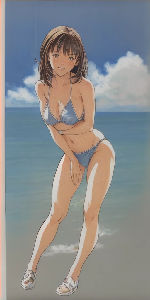 (((asakura minami:1.3))),((masterpiece)),((highest quality)),Super detailed,(thin entire outline),enlightenment,explicit,((1girl,solo)),black hair,medium hair,black eyes,small nose,perfect body,beautiful body,beautiful character design,perfect eyes,perfect face,pov,((happy smile)),small open mouth,(enjoy,having fun:1.2),entp,perspiration,wallpaper,ultra high resolution,8k,photo shoot,(beautiful large breast:1.2),beautiful legs,perfect feet,beautiful skin,fair skin,smooth skin,official style,official art,make a screen cap,outdoor,(summer beach),sunshine,bright lighting,white bikini is very tight,(extra small micro bikinis:1.2),protruding nipples,red cheeks,((camel toes:1.2)),on beach chair,wide spread legs,(peace sign:1.2),