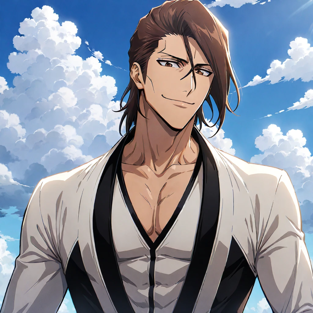 1boy aizen sosuke from bleach, male focus, solo, jacket, sky, brown eyes, black hair, brown hair, day, collarbone, cloud, upper body, blue sky, closed mouth, smile, white jacket, ((medium quality)), ((medium quality))