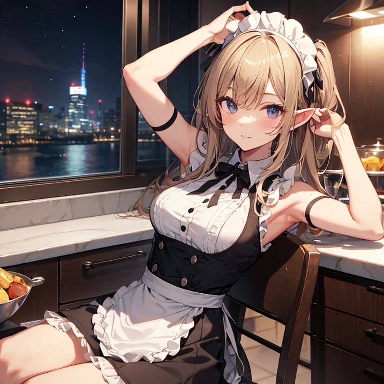 A maid, (in kitchen), various hair styles, night, details face, short skirt, seducing, sleeveless, maid uniform, armpits, elf