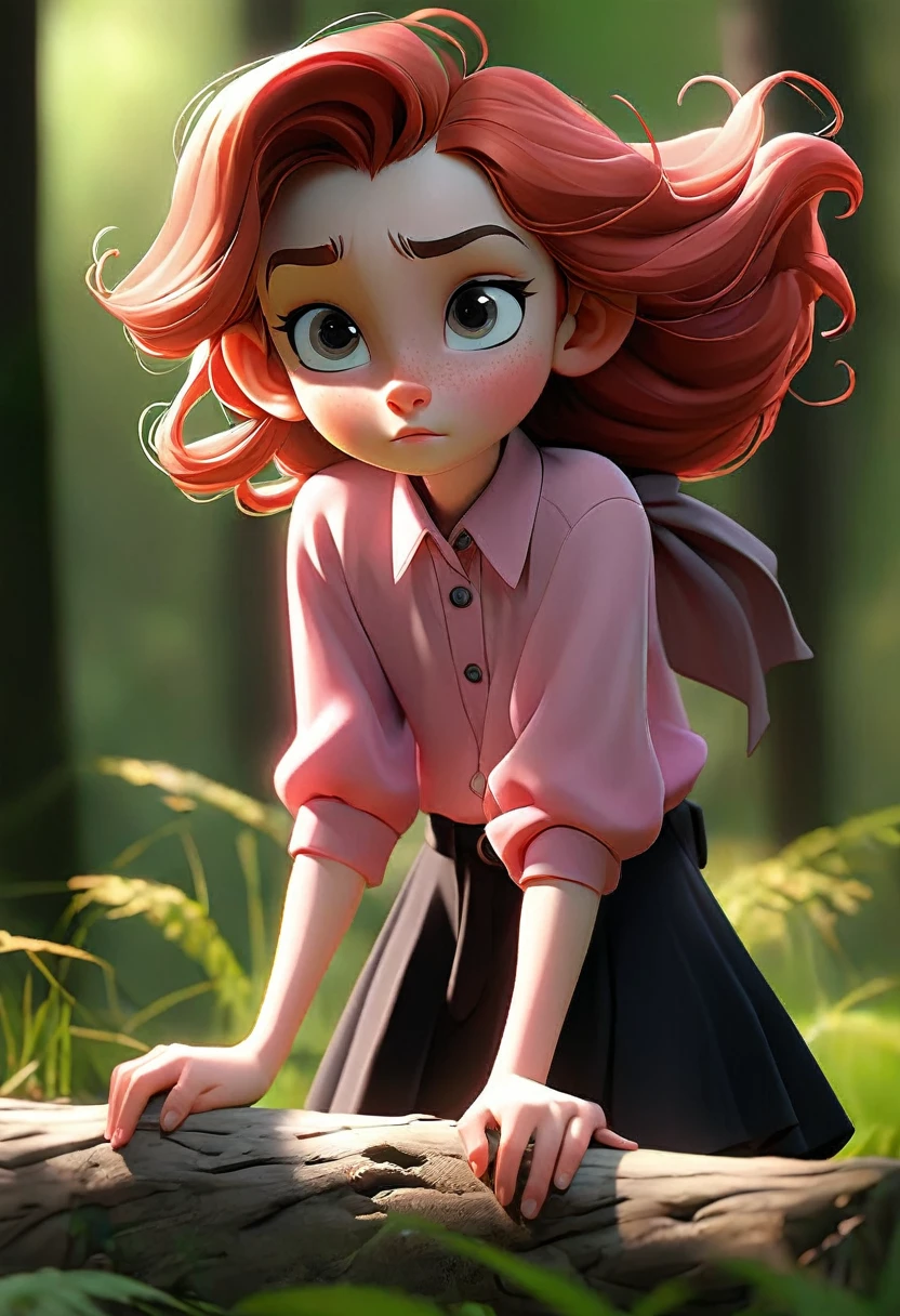 a 10 years old girl with long red hair, heterochromatic eyes, pale skin, flat chest, wearing a black dress paired with a crisp pink blouse, with a more elegant and sophisticated touch, something that matches her mysterious and strong personality. Overall, her appearance would be striking, attracting curious and intrigued looks, flat chested, cinematic lighting, chromatic aberration, backlighting, masterpiece, high details, high quality, 4K. Running boy on forest road truck driver