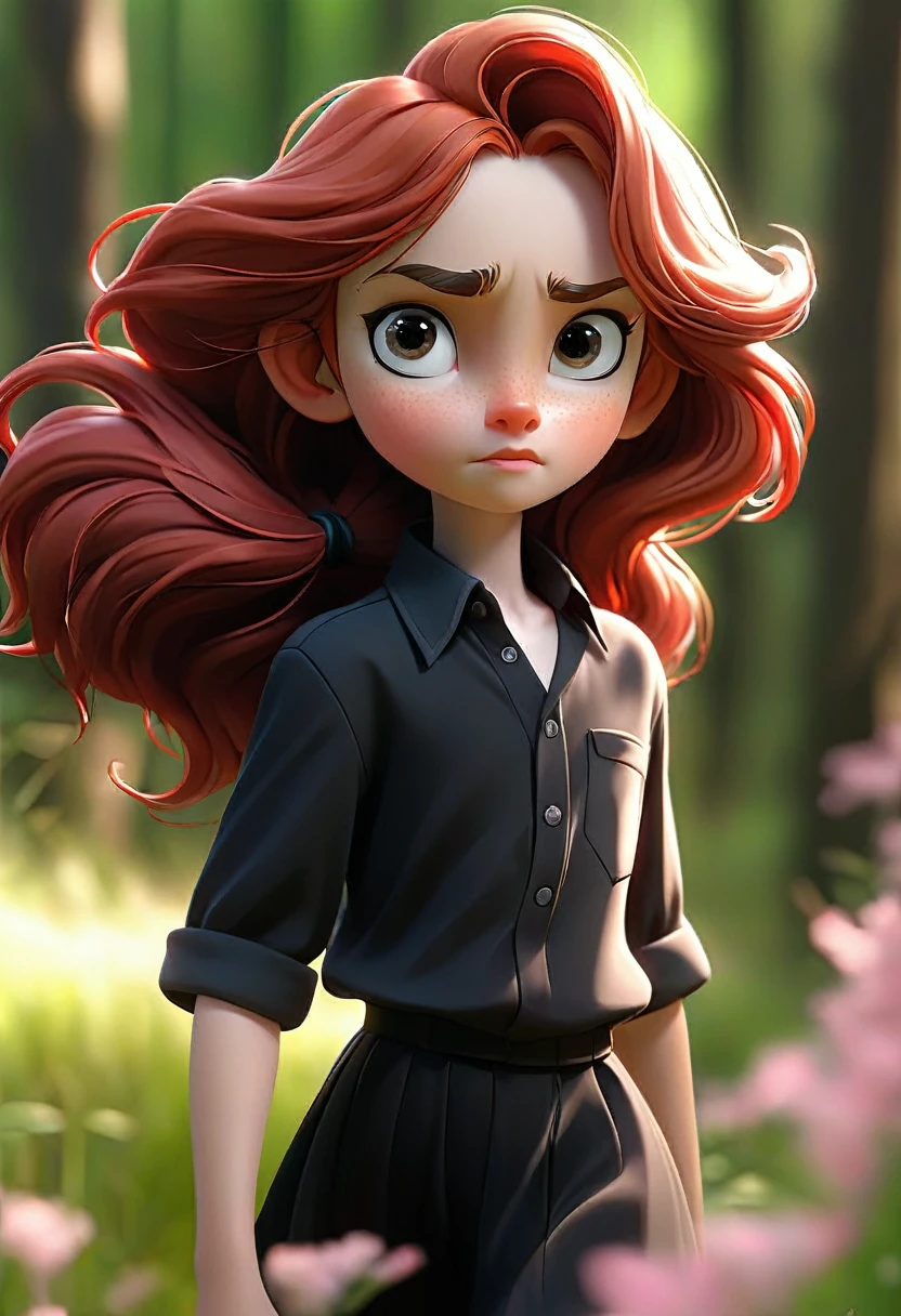 a 10 years old girl with long red hair, heterochromatic eyes, pale skin, flat chest, wearing a black dress paired with a crisp pink blouse, with a more elegant and sophisticated touch, something that matches her mysterious and strong personality. Overall, her appearance would be striking, attracting curious and intrigued looks, flat chested, cinematic lighting, chromatic aberration, backlighting, masterpiece, high details, high quality, 4K. Running boy on forest road truck driver