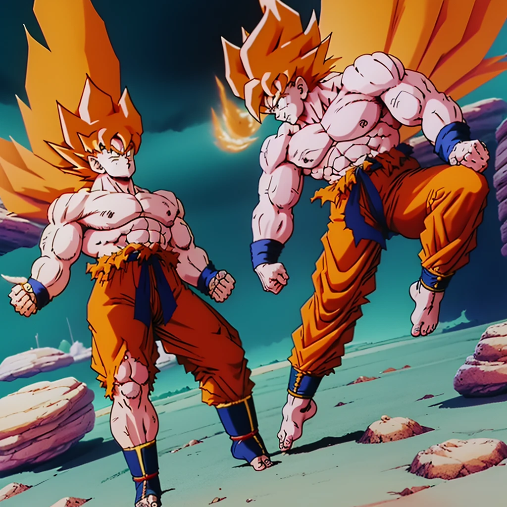 A detailed anime style drawing of Son Goku as a super Saiyan. blonde hair, Big muscles, Bodybuilder body, Bare torso, barefoot, sole of the foot, toes. Tight biceps, torn pants, dynamic fighting pose