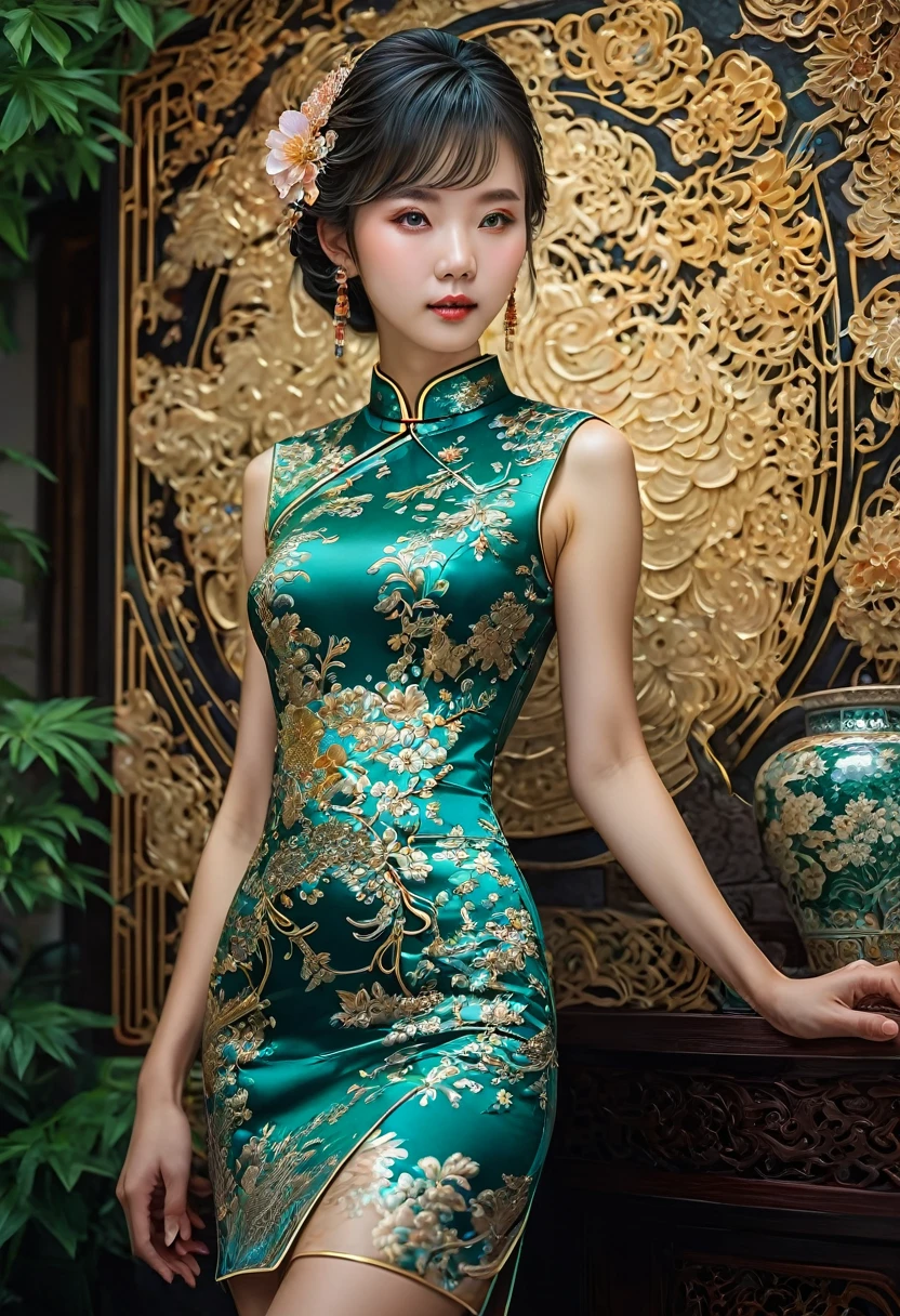 Cheongsam, by Annie O'Brien, RAW photo, 35mm photograph, bokeh, best quality, masterpiece, very aesthetic, perfect composition, intricate details, ultra-detailed