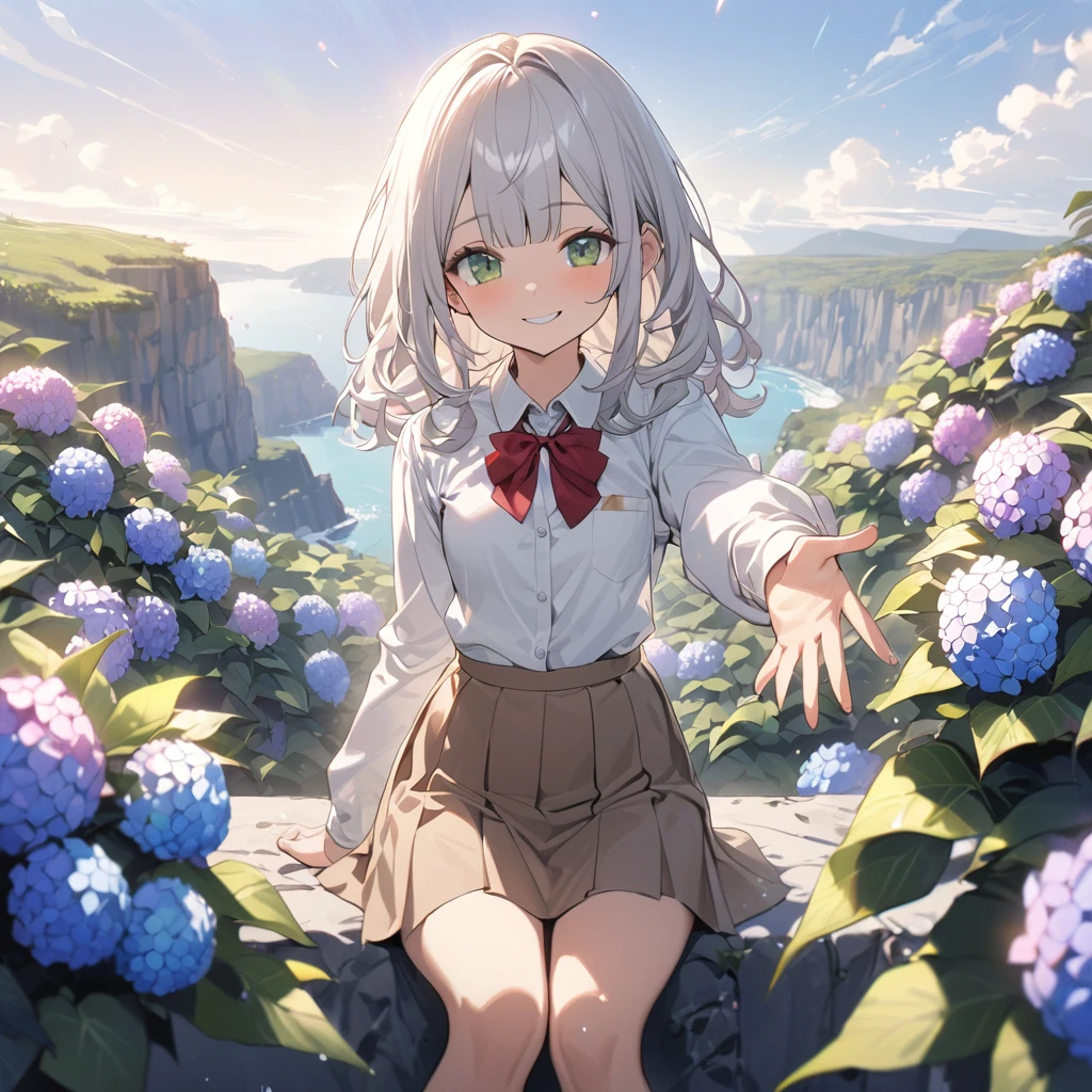 ((Masterpiece)), ((best quality)), (Anime:1.3), (super detail:1.2), (High Definition:1.3), (Professional Photography:1.3), (wide shot), (sharp focus), (perfect light), ((12 years old)), (medium breast), (Healthy slim body), 8K, Textured skin, cinematic lighting, (1girl), short stature, ((cute teenage young girl)), (loose blunt bangs), slightly loose curls hair, (breasts length hair), pale silver hair, ((naughty smile)), (cute green eyes), drooping eyes, slender waist, ((pale Ivory blazer of school uniform)), (white blouse), put on red string ribbon, (brown skirt), BREAK, ((best quality)), (super detail:1.2), sunnyday, Beautiful Cliffs over 100 meters above sea level, reaching hand, ((perfect hand)), (Relaxed sitting on the colorful Hydrangeas fields), colorful Hydrangeas, rainyday, Beautiful Horizon Background,