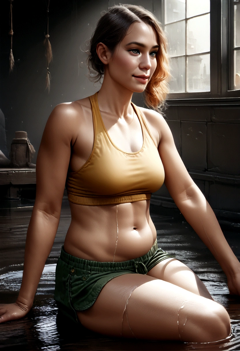 (Highest quality,4K,High resolution,masterpiece:1.2),Super detailed,(Realistic,phoToRealistic,phoTo-Realistic:1.37),High resolution,超High resolution,Studio Lighting,非常To詳細な説明,professional
A woman Lie in in a stream, detailed face and body,full body, Foggy, 1人of女of子, chest, Looking_in_Audience, short_hair, Closed_mouth, 前hair, belly button, hair_between_eye, just_shoulder, Sitting, green_eye, full_body, Lie in, No sleeve, abdomen, orange_hair, ~ side_ponytail, crop_Top, Looking_To_of_~ side, eyelash, just_foot, Tilt_forward, arm_support, Hangings, tank_Top, デshorts, yellow_S, green_shorts, Hanging_shorts, yellow_tank_Top, body shape, 小さいchest, Thick thighs, Thick thighs, smile, beautiful eye, her body completely soaked wet, A beloved gaze, she tries To cover her intimine parts Micro Bikini Spread your legs 裸To近い格好 Bitch Inviting
