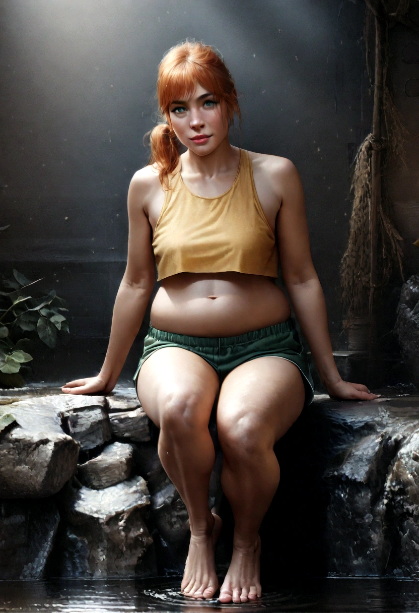 (Highest quality,4K,High resolution,masterpiece:1.2),Super detailed,(Realistic,phoToRealistic,phoTo-Realistic:1.37),High resolution,超High resolution,Studio Lighting,非常To詳細な説明,professional
A woman Lie in in a stream, detailed face and body,full body, Foggy, 1人of女of子, chest, Looking_in_Audience, short_hair, Closed_mouth, 前hair, belly button, hair_between_eye, just_shoulder, Sitting, green_eye, full_body, Lie in, No sleeve, abdomen, orange_hair, ~ side_ponytail, crop_Top, Looking_To_of_~ side, eyelash, just_foot, Tilt_forward, arm_support, Hangings, tank_Top, デshorts, yellow_S, green_shorts, Hanging_shorts, yellow_tank_Top, body shape, 小さいchest, Thick thighs, Thick thighs, smile, beautiful eye, her body completely soaked wet, A beloved gaze, she tries To cover her intimine parts Micro Bikini Spread your legs 裸To近い格好 Bitch Inviting