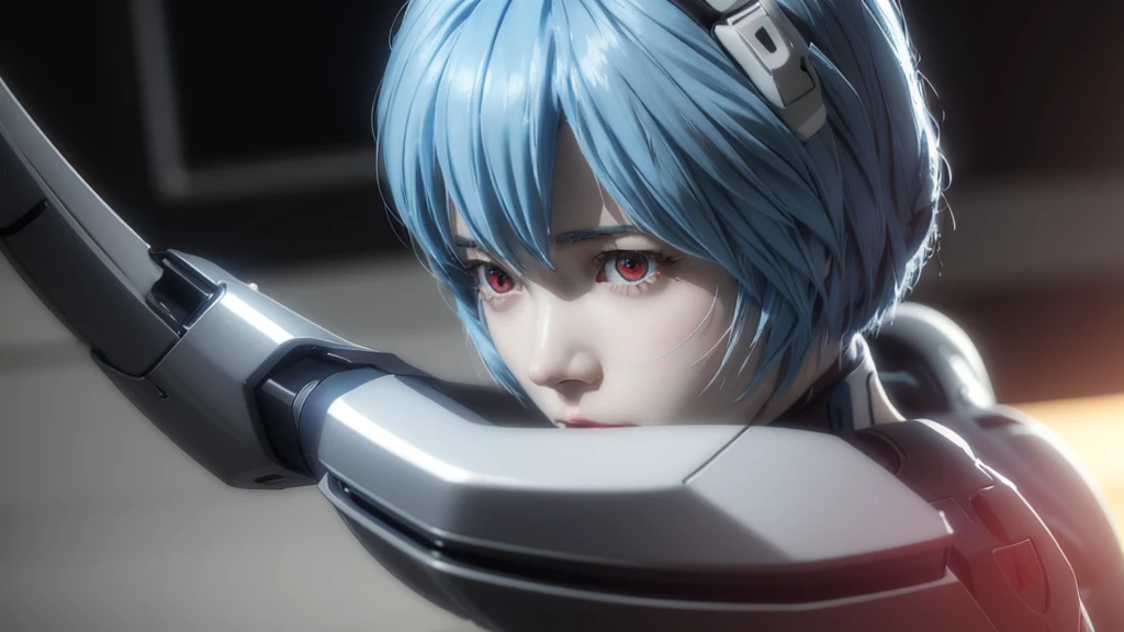 Girl, Rei Ayanami, (Ayanami Rei:1.2), Blue Hair, short hair, (Red eyes:1.3),Bodysuits, headgear, Plug Suit, white Bodysuits, Realistic, 4K, photoRealistic, Highest quality, Research Room, Dramatic Light, Aloe Clapart-1000, Ray Tracing,Detail Shadow,Shot with the Fujifilm X-T4,85mm,F1.2,Sharp focus,Depth of written boundary,Blurred Background,Bokeh,Lens flare