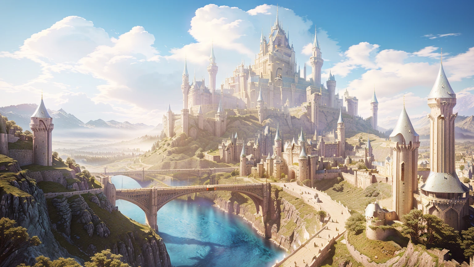 there is a castle on a hill with a bridge over it, beautiful render of a fairytale, fantasy capital city, fantasy cityscape, fantasy city background, matte painting in fantasy style, fantasy city, fantasy matte painting,cute, epic castle with tall spires, in fantasy sci - fi city, impressive fantasy landscape, futuristic castle, realistic fantasy render, medieval fantasy landscape, fantasy architecture