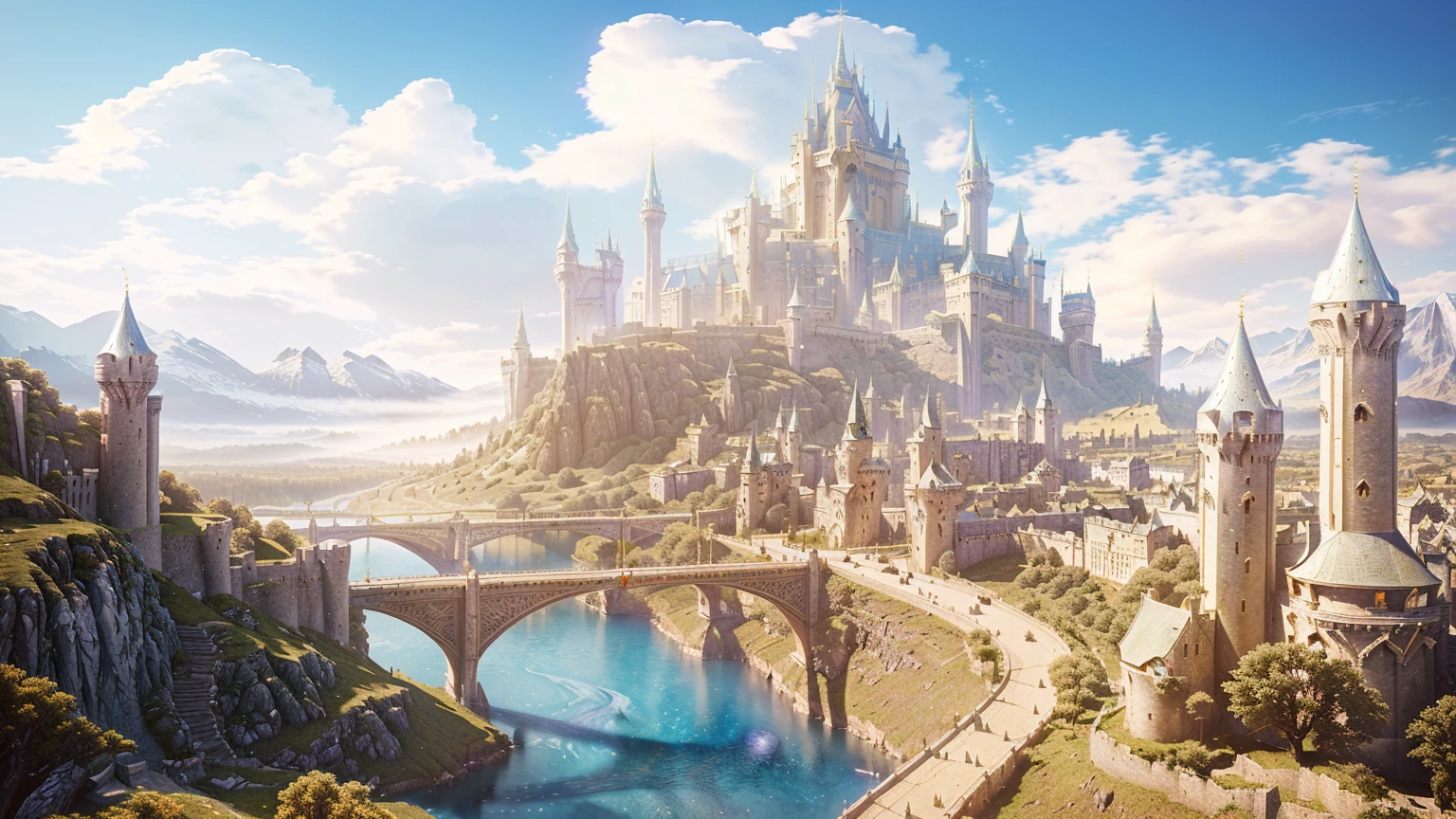 there is a castle on a hill with a bridge over it, beautiful render of a fairytale, fantasy capital city, fantasy cityscape, fantasy city background, matte painting in fantasy style, fantasy city, fantasy matte painting，cute, epic castle with tall spires, in fantasy sci - fi city, impressive fantasy landscape, futuristic castle, realistic fantasy render, medieval fantasy landscape, fantasy architecture