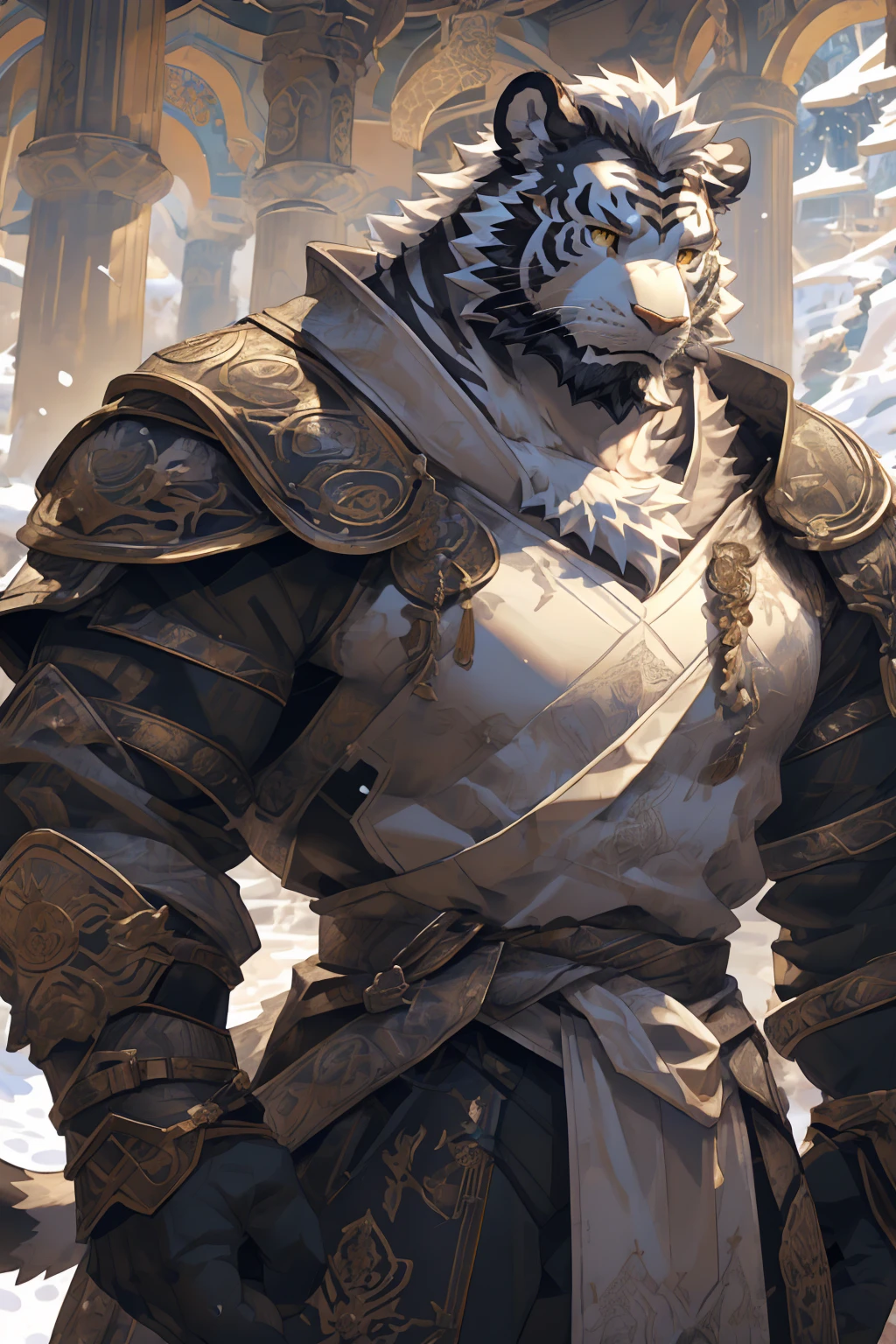 (White skintiger),(黑白阴阳Military commander战袍),(Holding a long sword),(Awesome posture),Standing quietly in,(The background is a city covered with ice and snow:1.2),(Abdominal muscles),Heroic飒爽,完美的masterpiece,Various facial details,Close-up view,specific description,masterpiece,(cg),(Golden Eyes),Black and white pattern,Black and white tail,Military commander,Heroic,tiger,Black and white fur,Detailed facial details,Half Body,(黑白阴阳Military commander战履),(Long feather),((middle aged)),(Face Focus),(16K),(HD),Black and white abdomen,temple,beard,(Face lines),(Heterochromia,),(Black and white yin and yang battle robe),(Black and white hair),(Strong:1.2),(muscle:1.3),(high resolution:1.3),(Standing in front of a city covered in snow),(Close up),(Detailed face:1.5),Perfect details,(Half Body),(Detailed depiction of the face:1.5),(Zoom in on the face:1.5),(白色Face lines:1.2),(黑色beard:1.3),(White face:1.6),(White body),(White skin,black strips:1.3),(White cheeks:1.5),(The skin color of the face is white:1.3),cg