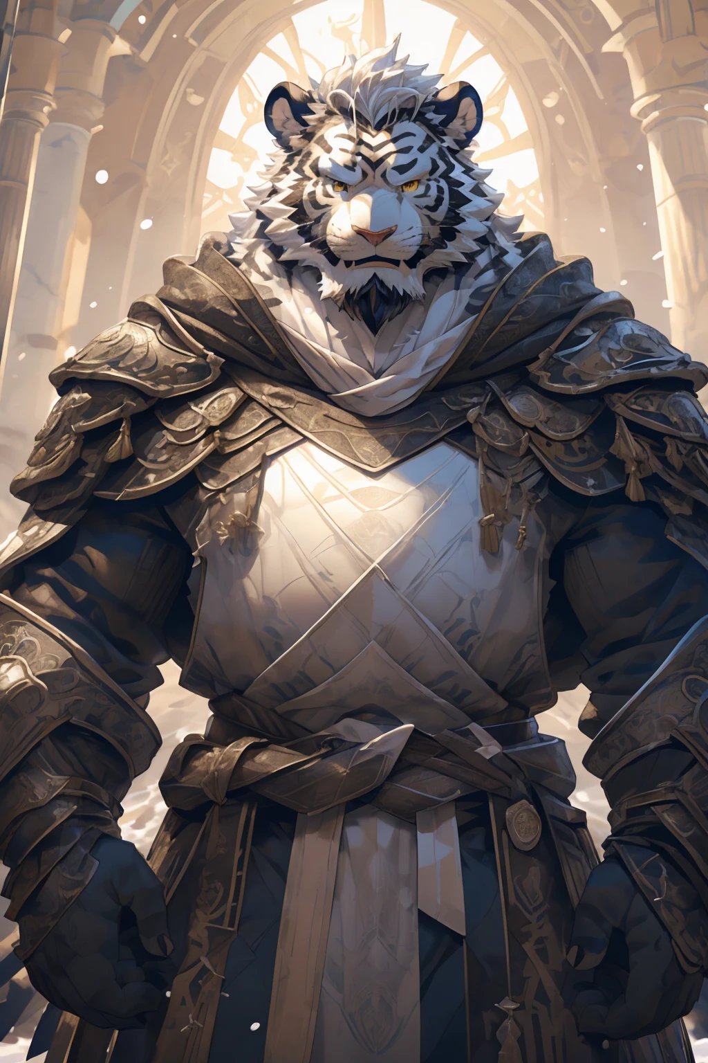 (White skintiger),(黑白阴阳Military commander战袍),(Holding a long sword),(Awesome posture),Standing quietly in,(The background is a city covered with ice and snow:1.2),(Abdominal muscles),Heroic飒爽,完美的masterpiece,Various facial details,Close-up view,specific description,masterpiece,(cg),(Golden Eyes),Black and white pattern,Black and white tail,Military commander,Heroic,tiger,Black and white fur,Detailed facial details,Half Body,(黑白阴阳Military commander战履),(Long feather),((middle aged)),(Face Focus),(16K),(HD),Black and white abdomen,temple,beard,(Face lines),(Heterochromia,),(Black and white yin and yang battle robe),(Black and white hair),(Strong:1.2),(muscle:1.3),(high resolution:1.3),(Standing in front of a city covered in snow),(Close up),(Detailed face:1.5),Perfect details,(Half Body),(Detailed depiction of the face:1.5),(Zoom in on the face:1.5),(白色Face lines:1.2),(黑色beard:1.3),(White face:1.6),(White body),(White skin,black strips:1.3),(White cheeks:1.5),(The skin color of the face is white:1.3),cg