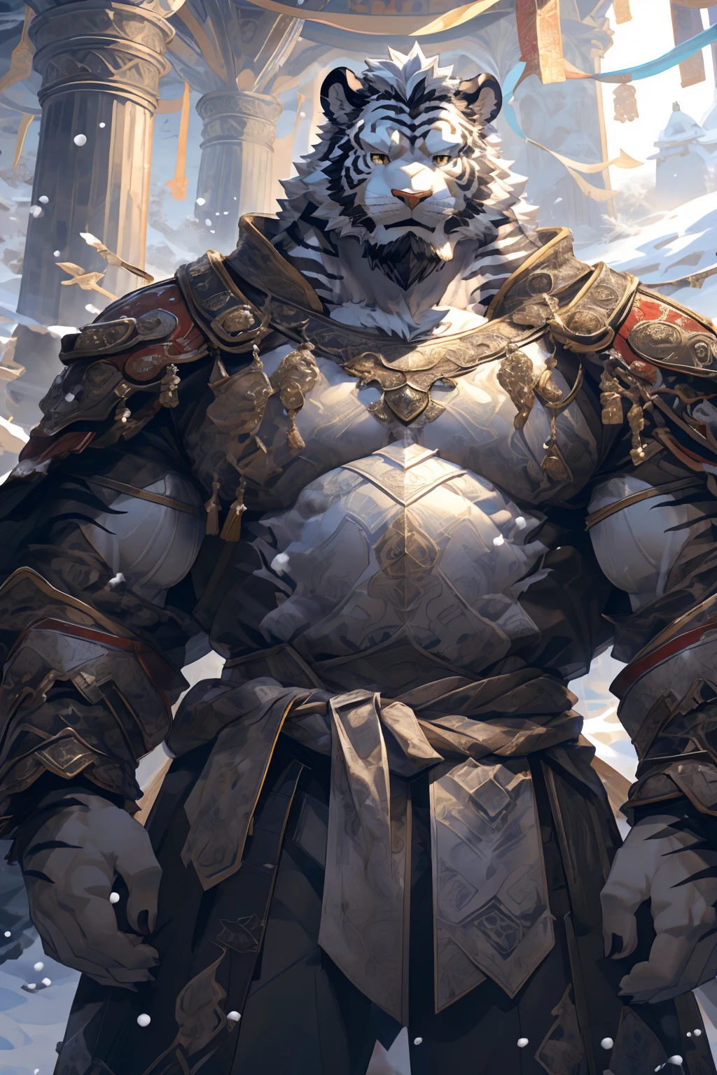 (White skintiger),(黑白阴阳Military commander战袍),(Holding a long sword),(Awesome posture),Standing quietly in,(The background is a city covered with ice and snow:1.2),(Abdominal muscles),Heroic飒爽,完美的masterpiece,Various facial details,Close-up view,specific description,masterpiece,(cg),(Golden Eyes),Black and white pattern,Black and white tail,Military commander,Heroic,tiger,Black and white fur,Detailed facial details,Half Body,(黑白阴阳Military commander战履),(Long feather),((middle aged)),(Face Focus),(16K),(HD),Black and white abdomen,temple,beard,(Face lines),(Heterochromia,),(Black and white yin and yang battle robe),(Black and white hair),(Strong:1.2),(muscle:1.3),(high resolution:1.3),(Standing in front of a city covered in snow),(Close up),(Detailed face:1.5),Perfect details,(Half Body),(Detailed depiction of the face:1.5),(Zoom in on the face:1.5),(白色Face lines:1.2),(黑色beard:1.3),(White face:1.6),(White body),(White skin,black strips:1.3),(White cheeks:1.5),(The skin color of the face is white:1.3),cg